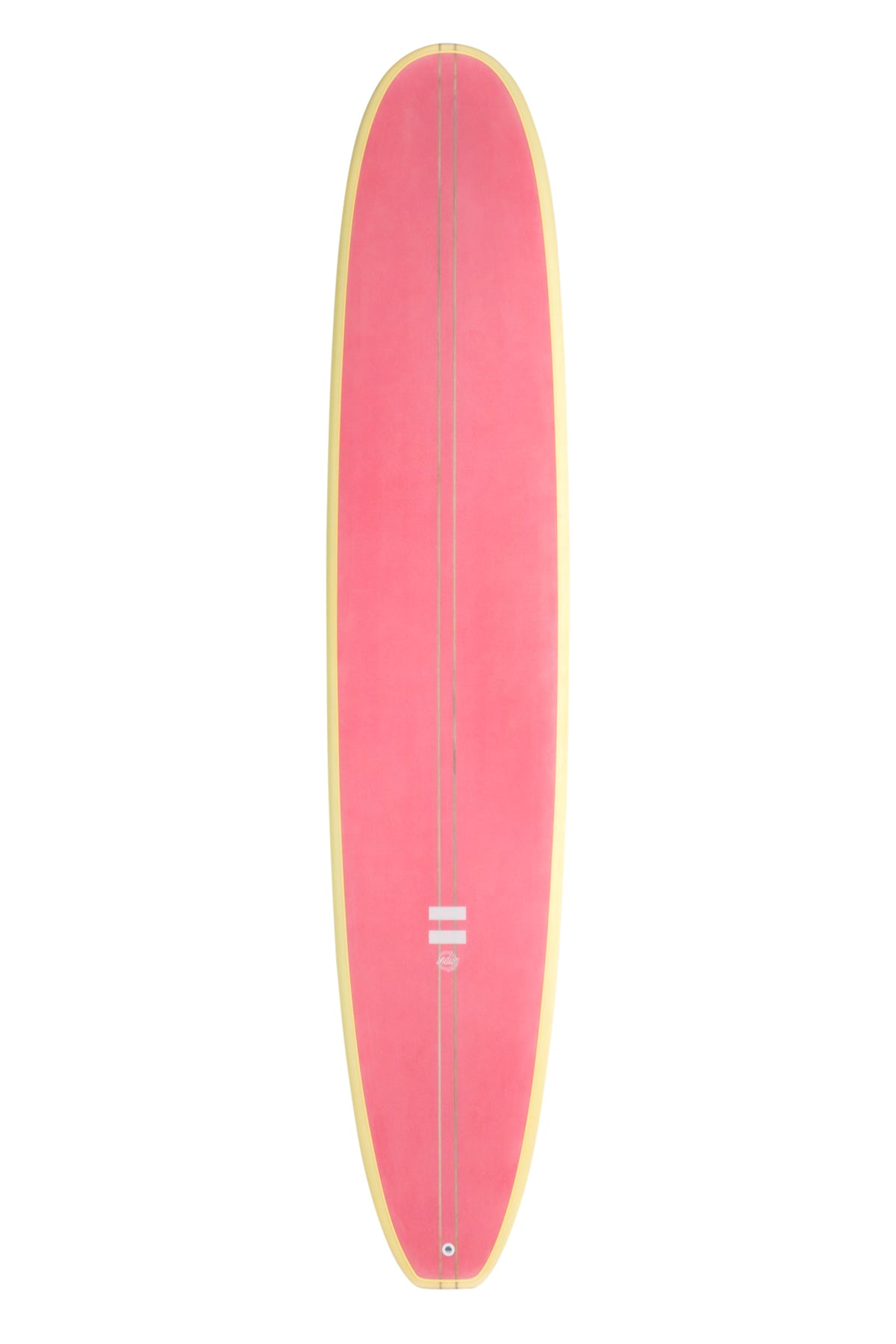 Front view of the Indio Endurance Log Machine surfboard featuring a solid pink flamingo deck with cream rails, displayed on a white background.