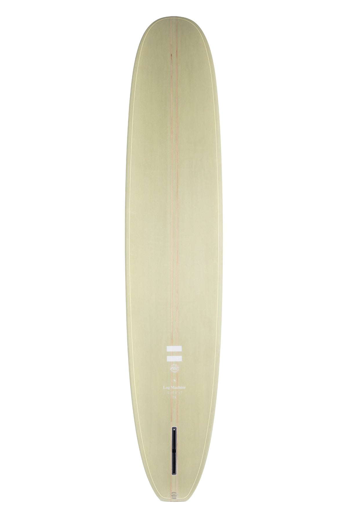 Back view of the Indio Endurance Log Machine surfboard featuring a smooth, solid Green Stone color on the deck, displayed on a white background.