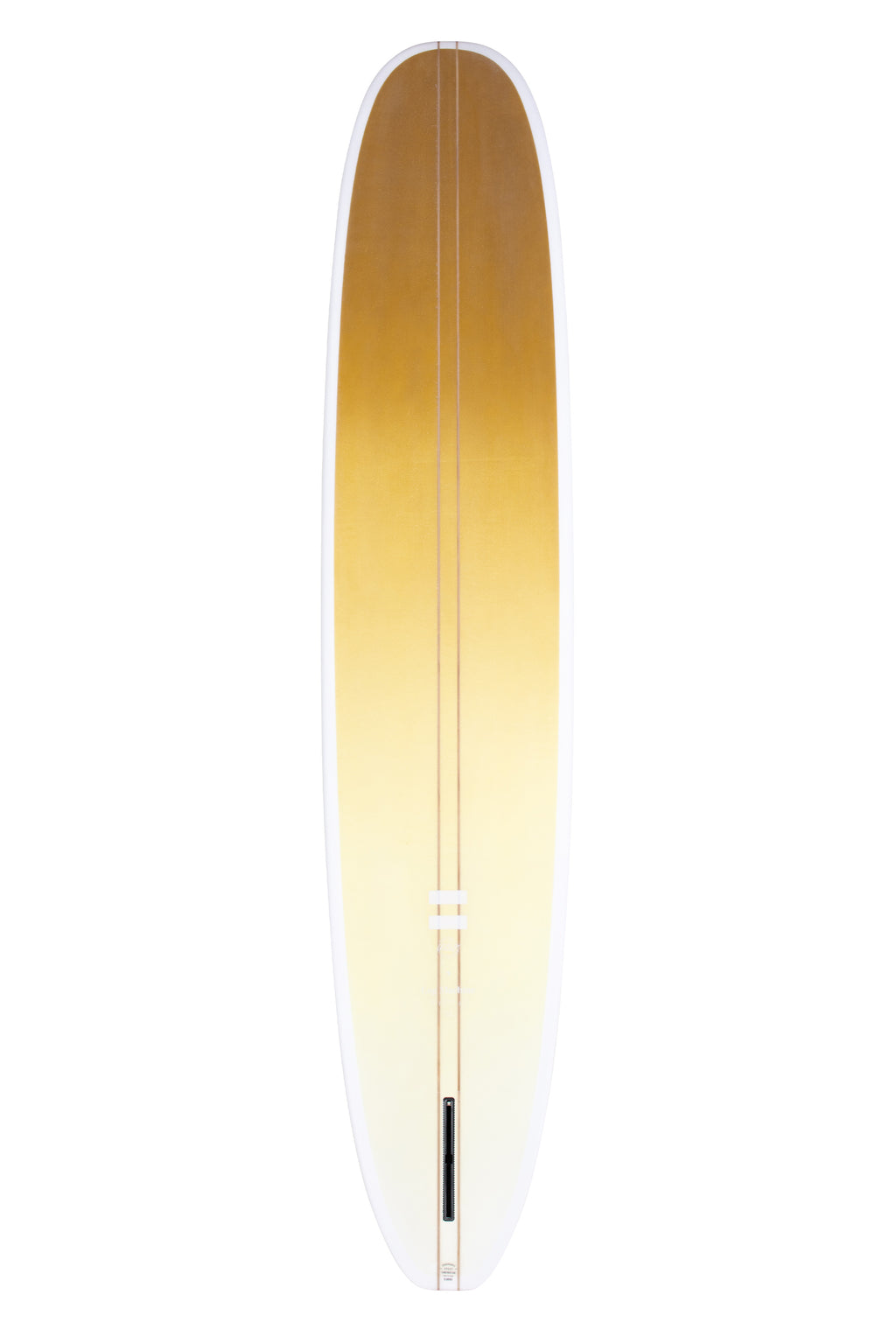 Back view of the Indio Endurance Log Machine surfboard in the New Space colorway, featuring an ochre yellow-to-white gradient, shown upright on a white background.
