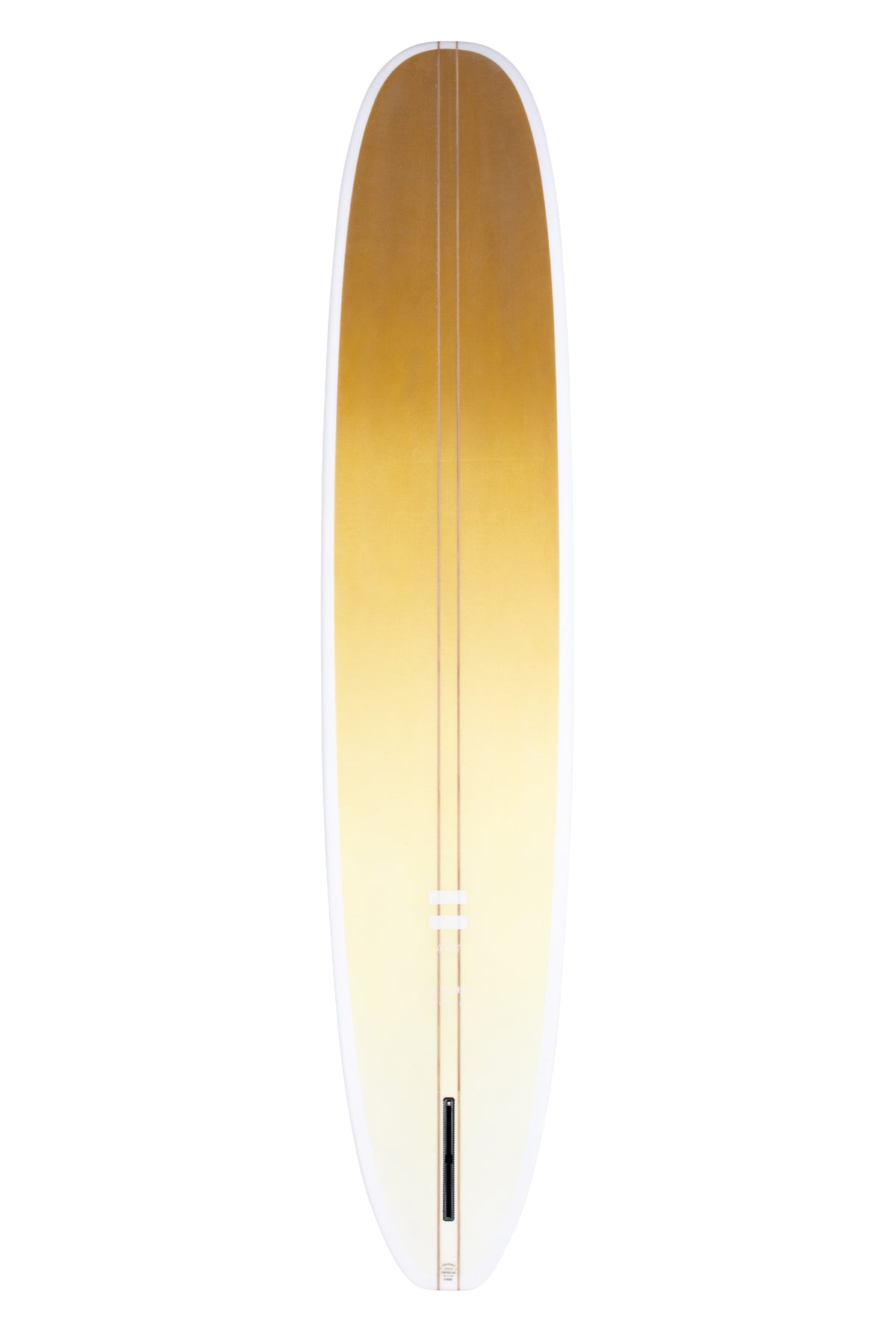 Back view of the Indio Endurance Log Machine surfboard in the New Space colorway, featuring an ochre yellow-to-white gradient, shown upright on a white background.
