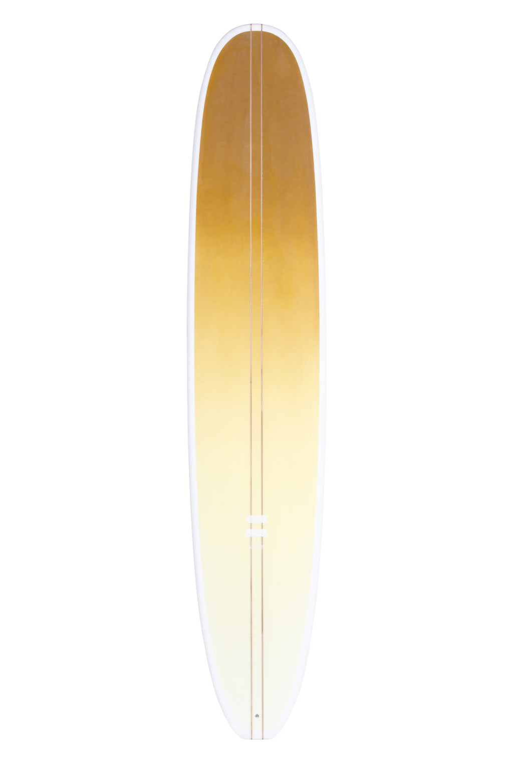 Front view of the Indio Endurance Log Machine surfboard in the New Space colorway, featuring an ochre yellow-to-white gradient, shown upright on a white background.