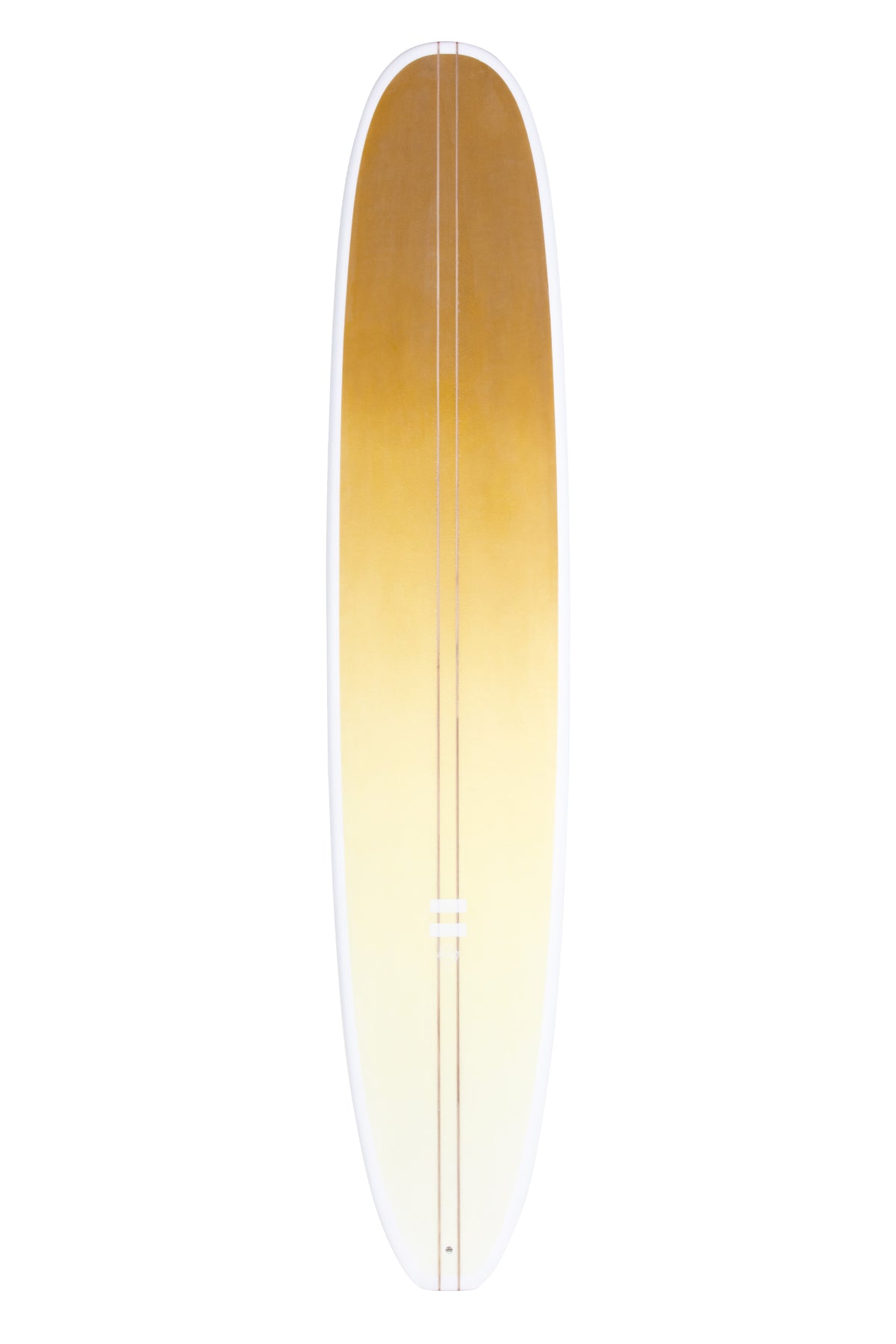 Front view of the Indio Endurance Log Machine surfboard in the New Space colorway, featuring an ochre yellow-to-white gradient, shown upright on a white background.