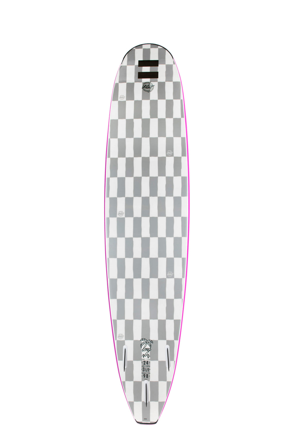 Back view of the Indio Long softboard featuring a checkerboard pattern in light grey and dark grey tones along the deck, displayed on a white background.
