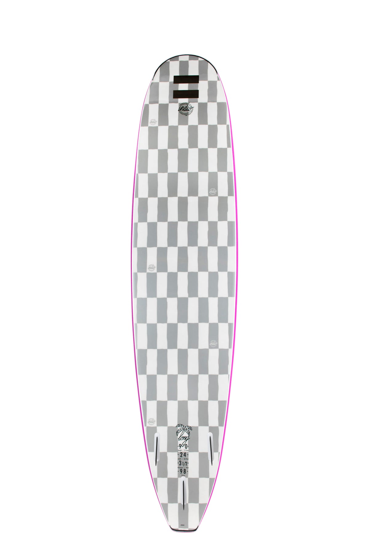 Back view of the Indio Long softboard featuring a checkerboard pattern in light grey and dark grey tones along the deck, displayed on a white background.