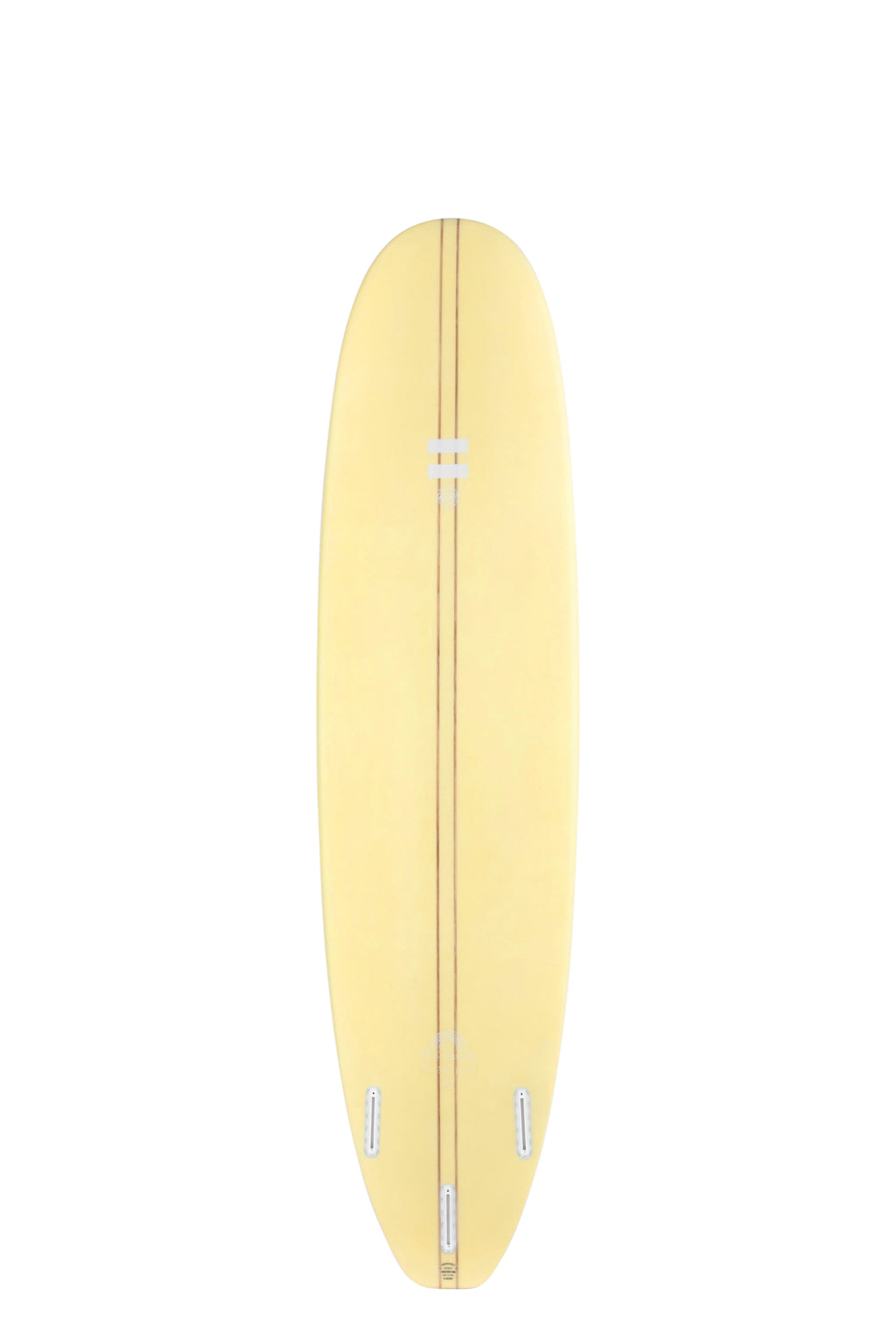 Back view of the Indio Endurance Mid Length surfboard featuring a smooth, solid cream color on the deck, displayed on a white background.