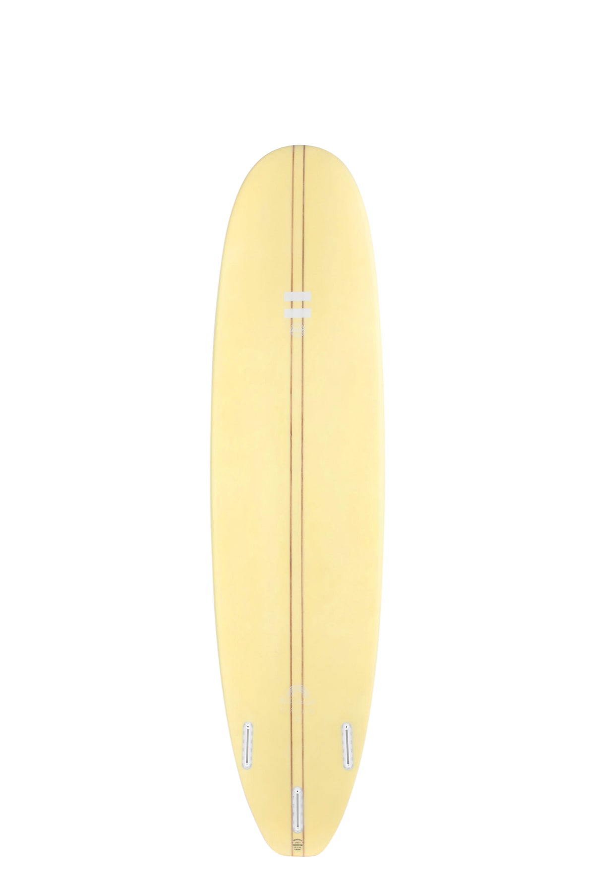 Back view of the Indio Endurance Mid Length surfboard featuring a smooth, solid cream color on the deck, displayed on a white background.