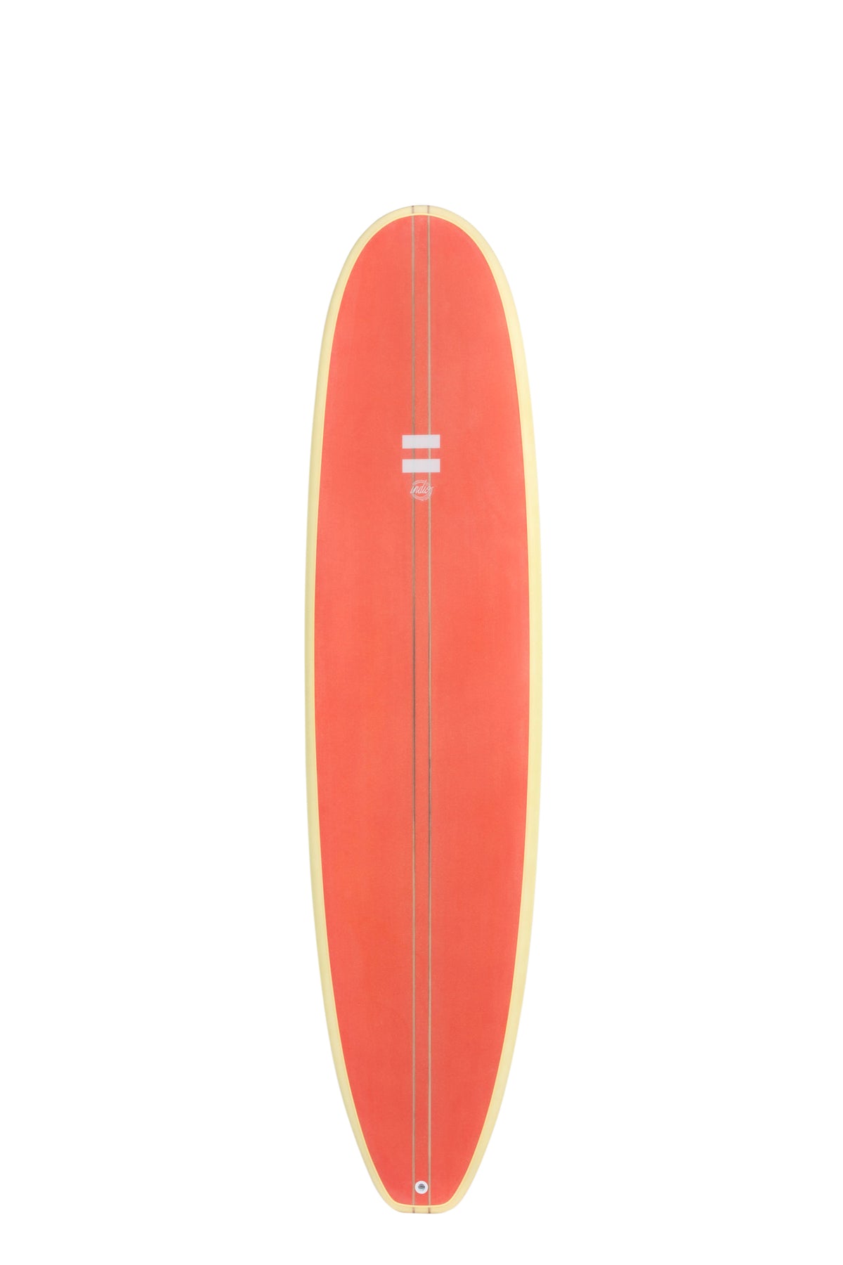 Front view of the Indio Endurance Mid Length surfboard featuring a solid red fall deck with cream rails, displayed on a white background.