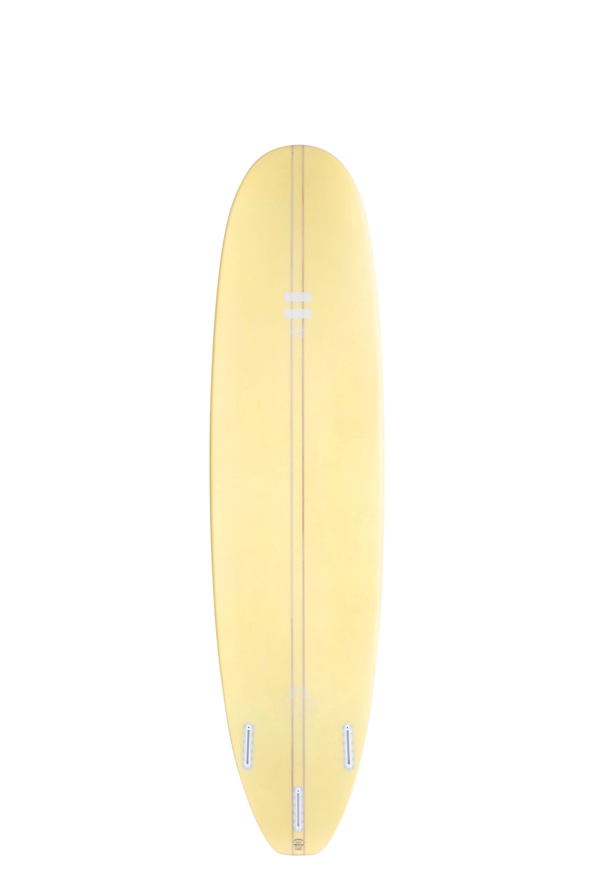 Back view of the Indio Endurance Mid Length surfboard featuring a smooth, solid cream color on the deck, displayed on a white background.