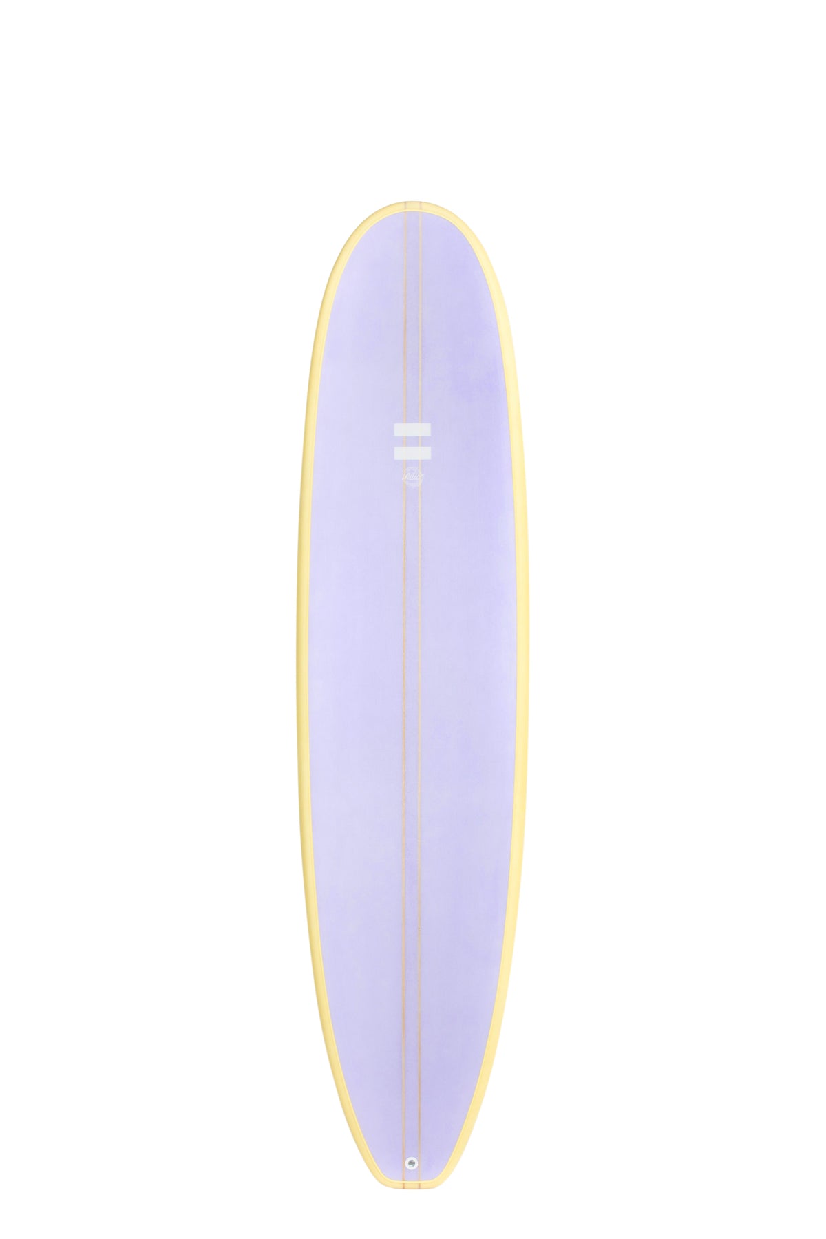 Front view of the Indio Endurance Mid Length surfboard featuring a solid purple deck with cream rails, displayed on a white background.