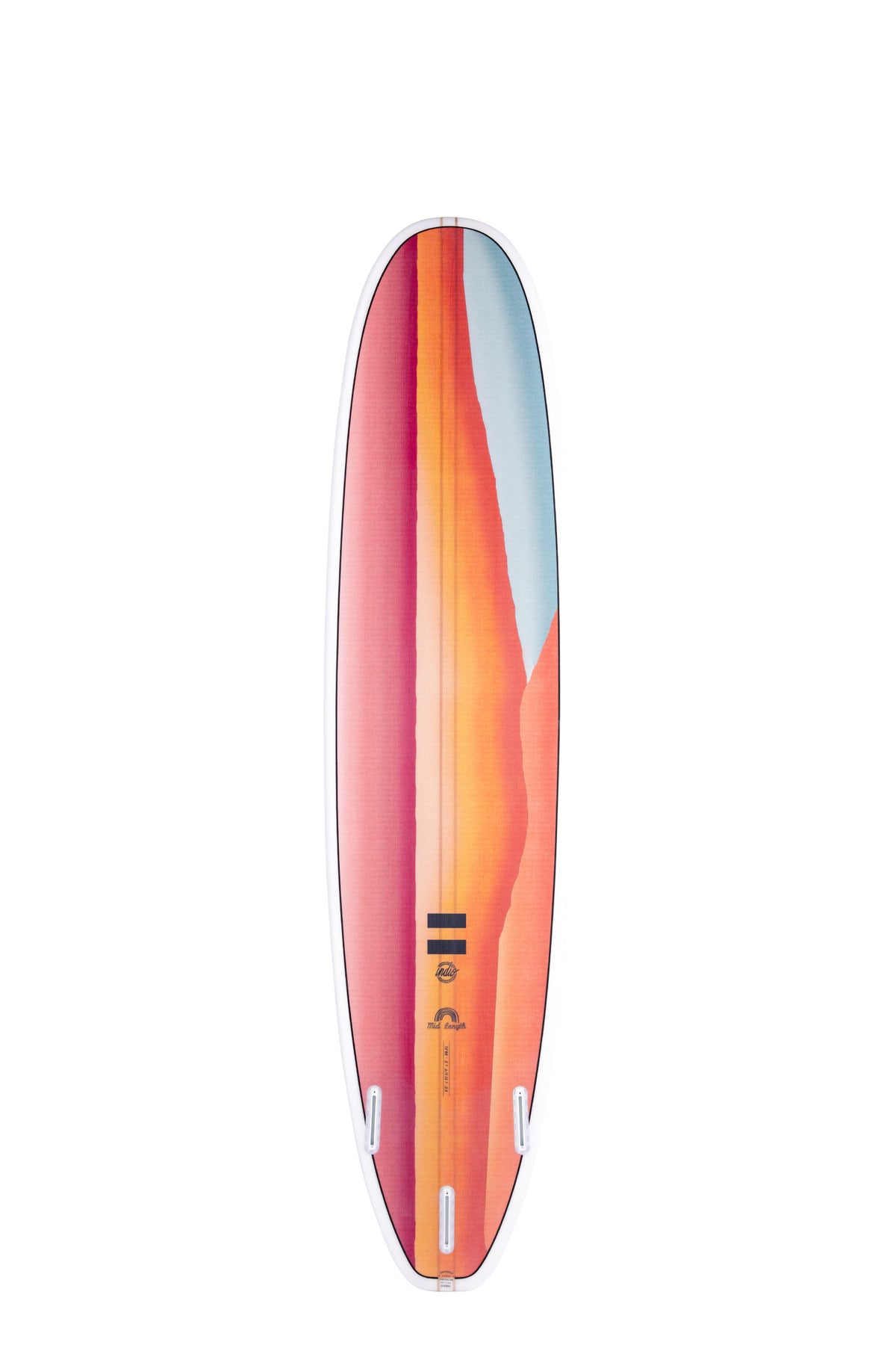 Back view of the Indio Endurance Mid Length surfboard featuring a gradient design of warm tones along the deck, displayed on a white background.