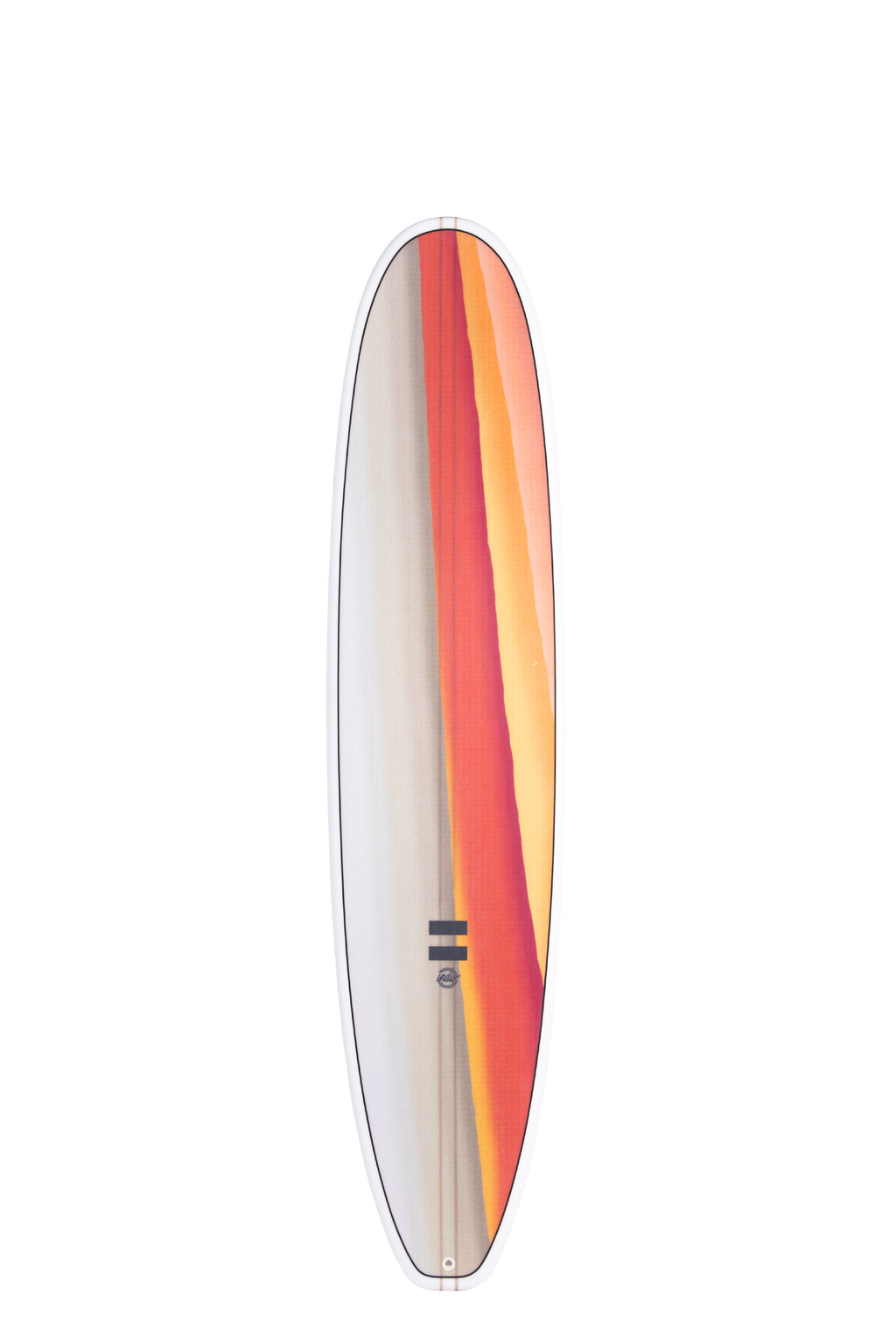 Front view of the Indio Endurance Mid Length surfboard featuring a gradient design of warm tones along the deck, displayed on a white background.