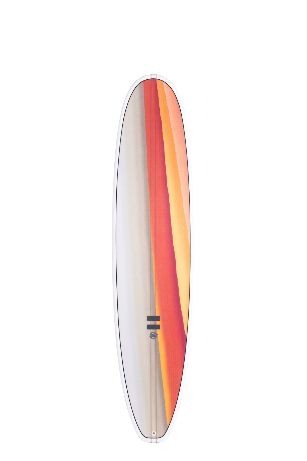 Front view of the Indio Endurance Mid Length surfboard featuring a gradient design of warm tones along the deck, displayed on a white background.