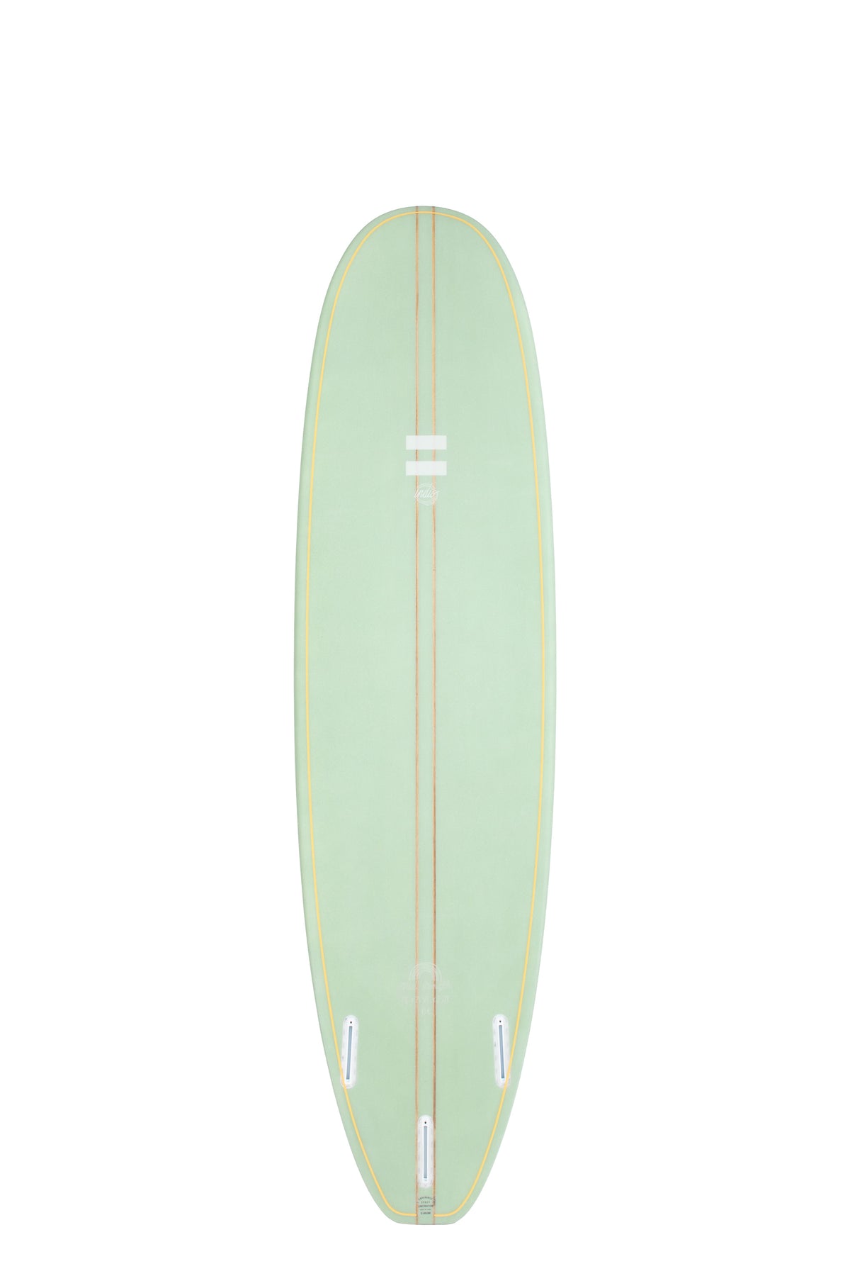 Back view of the Indio Endurance Mid Length surfboard featuring a smooth, solid Mint color on the deck, displayed on a white background.