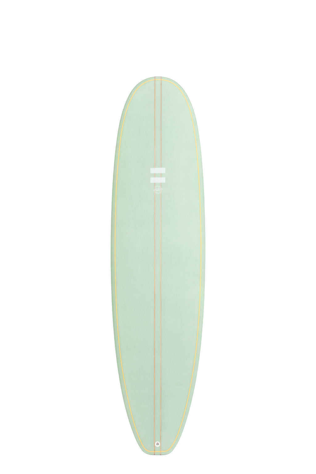 Front view of the Indio Endurance Mid Length surfboard featuring a smooth, solid Mint color on the deck, displayed on a white background.
