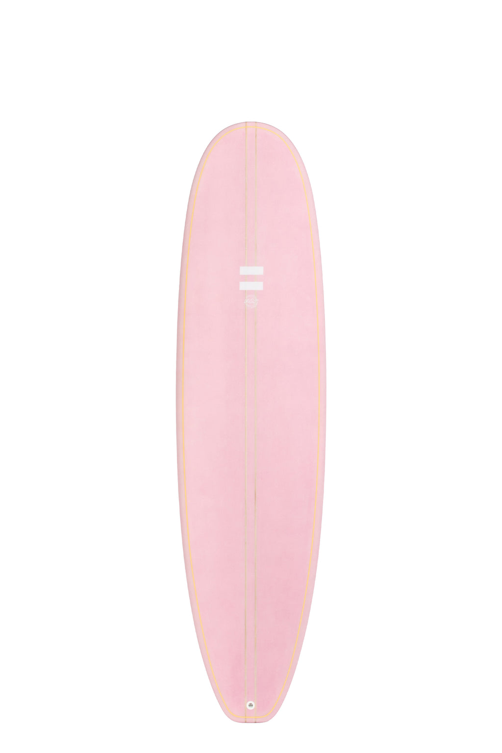 Front view of the Indio Endurance Mid Length surfboard featuring a smooth, solid Pink color on the deck, displayed on a white background.