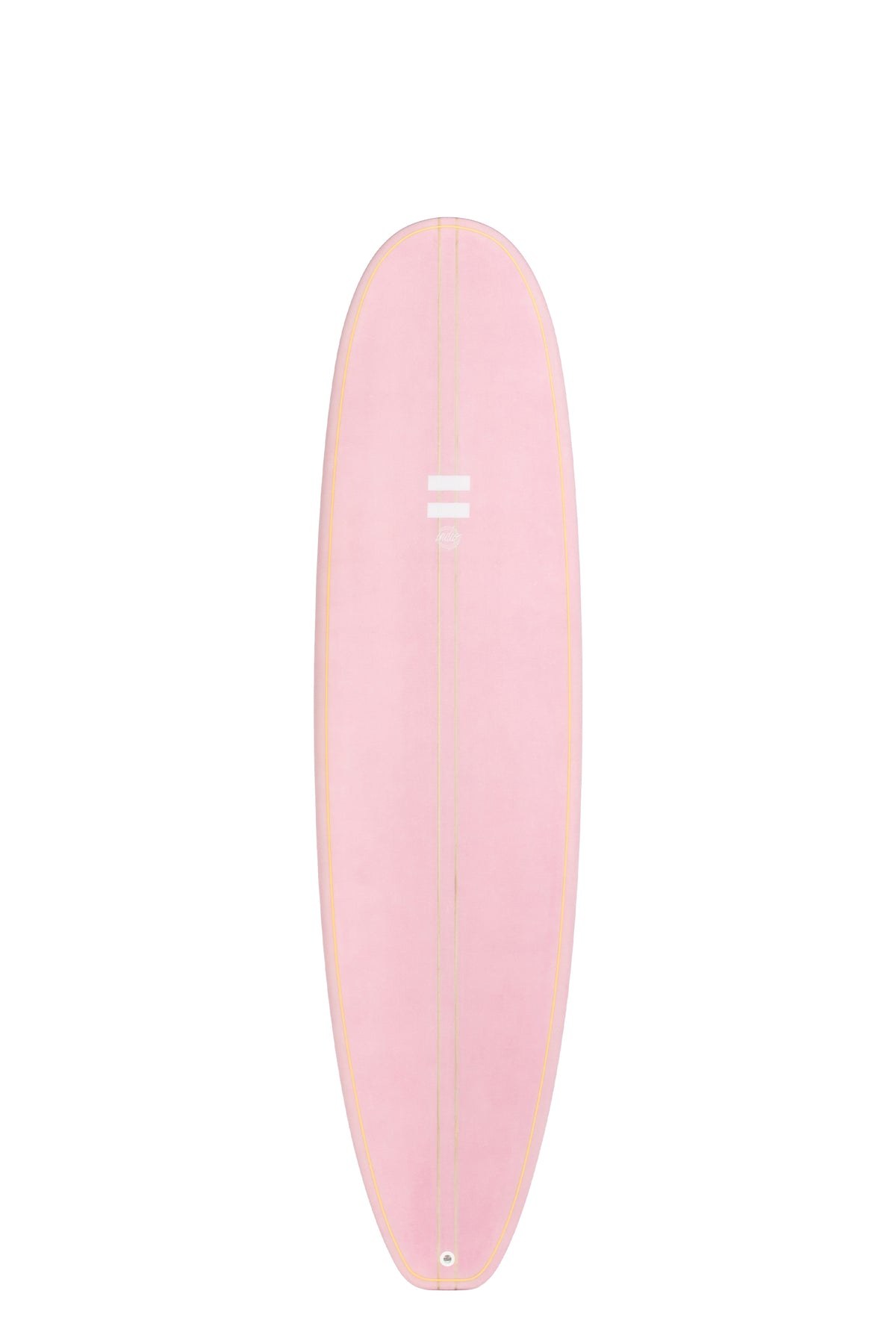 Front view of the Indio Endurance Mid Length surfboard featuring a smooth, solid Pink color on the deck, displayed on a white background.