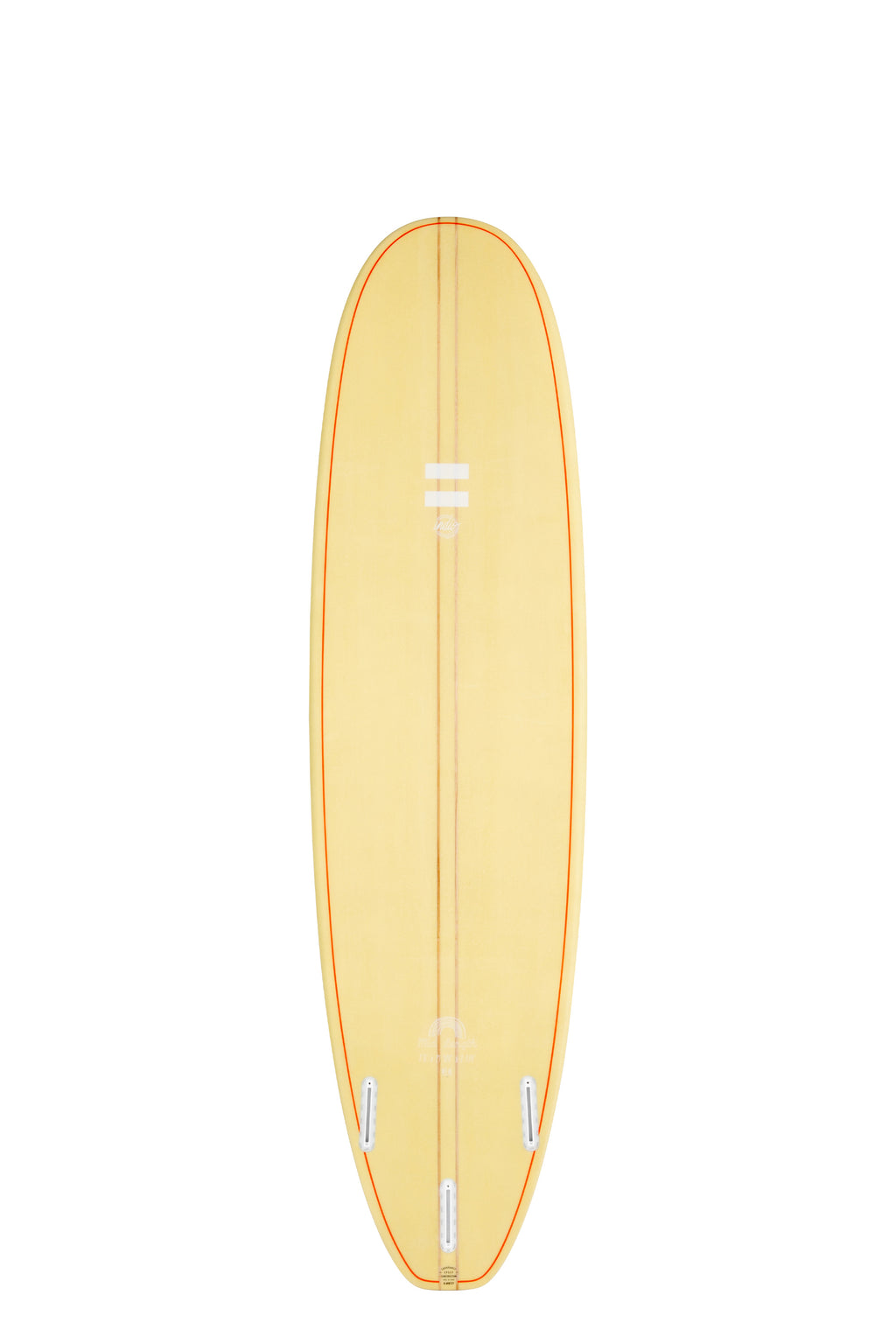 Back view of the Indio Endurance Mid Length surfboard featuring a smooth, solid Sand color on the deck, displayed on a white background.