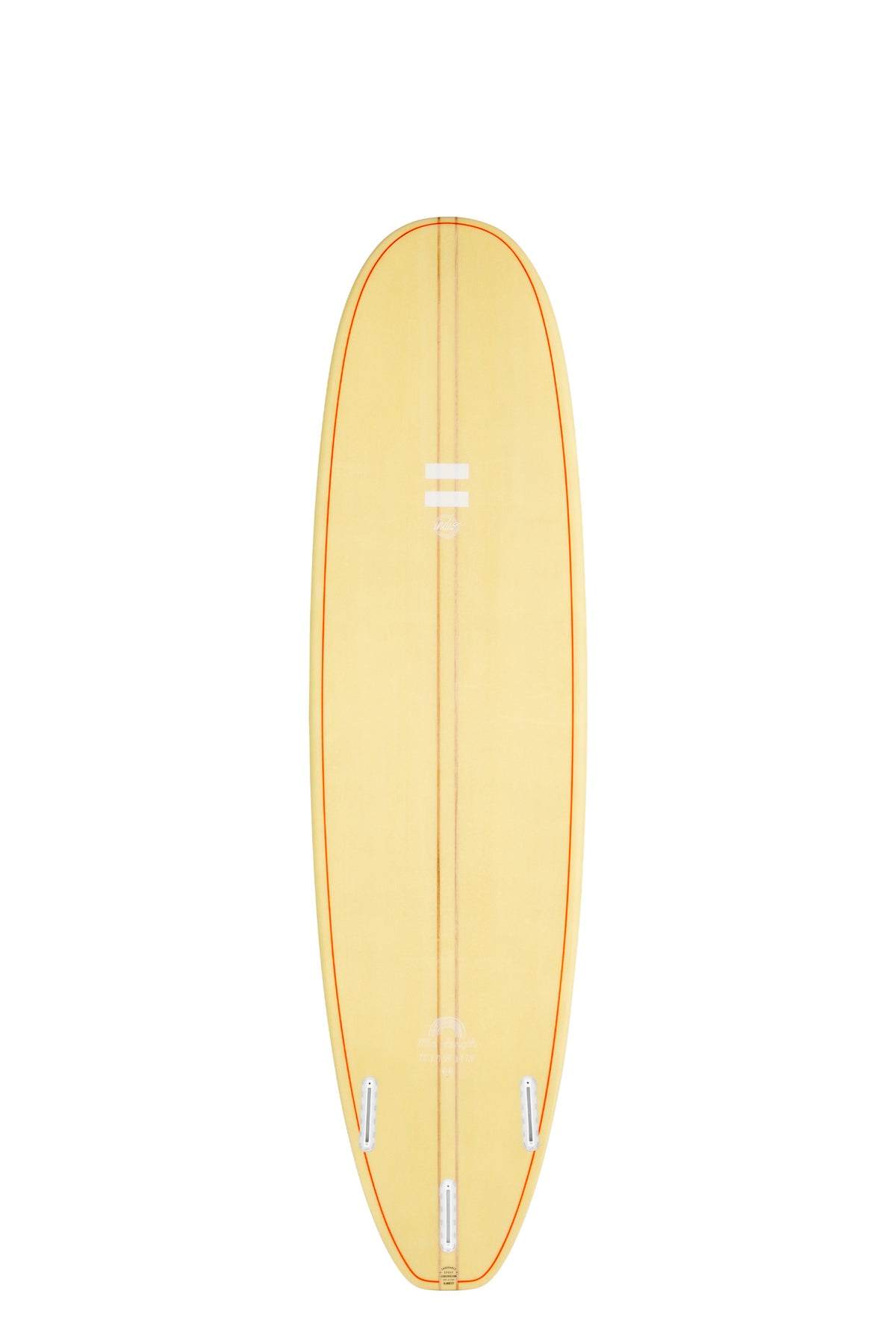 Back view of the Indio Endurance Mid Length surfboard featuring a smooth, solid Sand color on the deck, displayed on a white background.