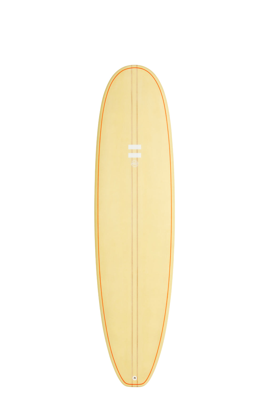 Front view of the Indio Endurance Mid Length surfboard featuring a smooth, solid Sand color on the deck, displayed on a white background.