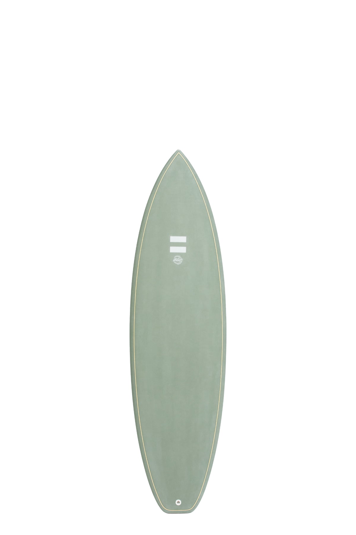 Front view of the Indio Miggy surfboard featuring a smooth, solid Aqua Cement color on the deck, displayed on a white background.