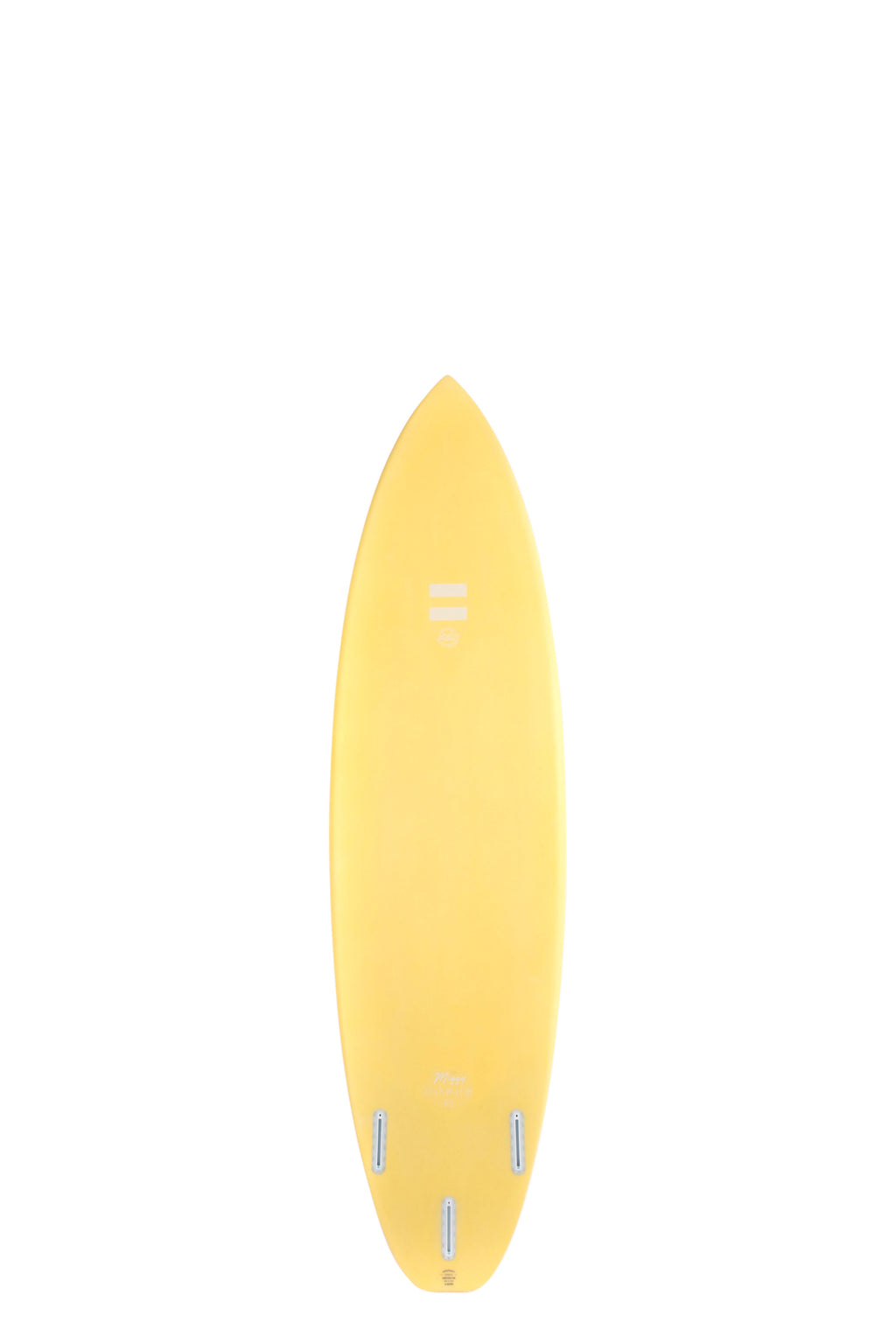 Back view of the Indio Endurance Miggy surfboard featuring a smooth, solid cream color on the deck, displayed on a white background.