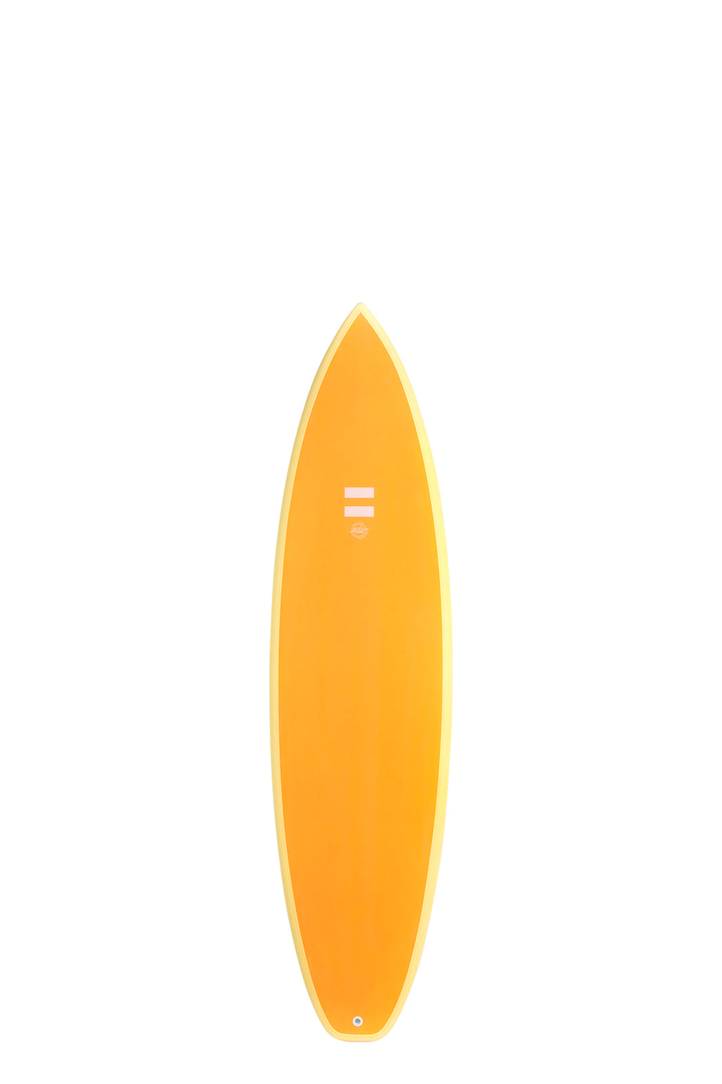 Front view of the Indio Endurance Miggy surfboard featuring a solid orange apricot deck with cream rails, displayed on a White background.