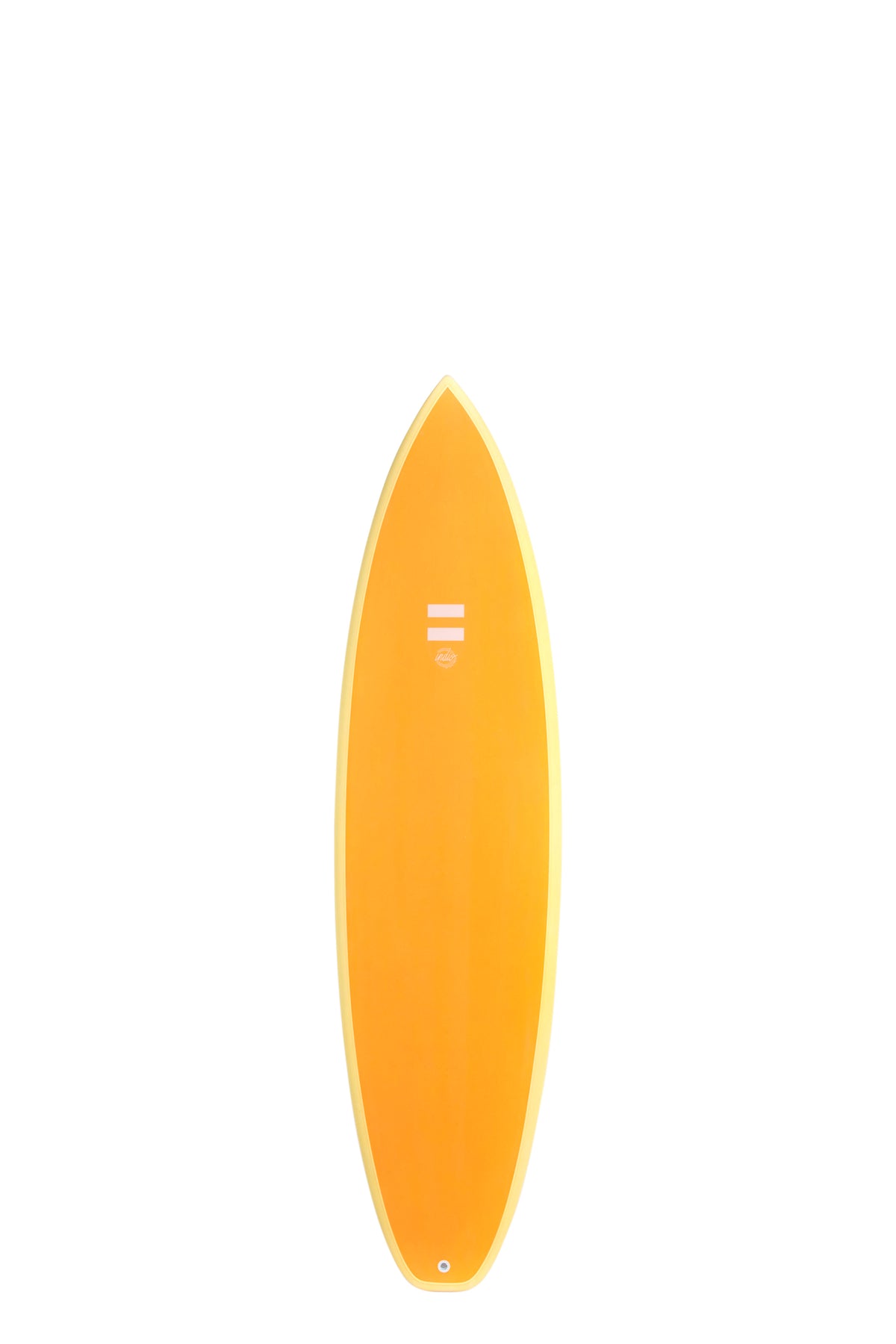 Front view of the Indio Endurance Miggy surfboard featuring a solid orange apricot deck with cream rails, displayed on a White background.
