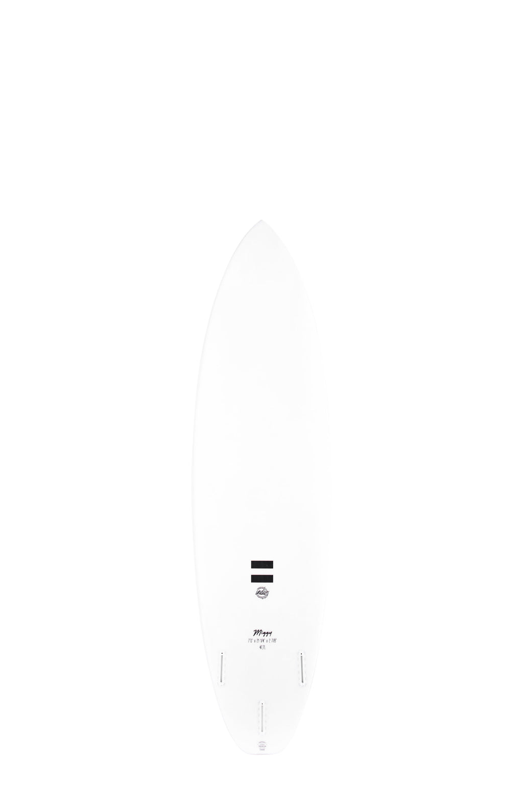 Back view of the Indio Endurance Miggy surfboard featuring a smooth, solid white color on the deck, displayed on a white background.