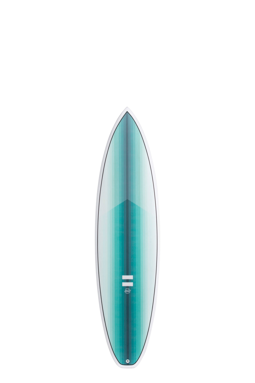 Front view of the Indio Endurance Miggy surfboard featuring vertical light blue and turquoise stripes that form a gradient along the deck, displayed on a white background.