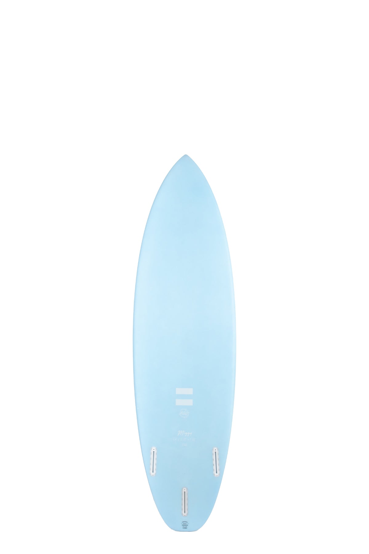 Back view of the Indio Miggy surfboard featuring a smooth, solid blue color on the deck, displayed on a white background.