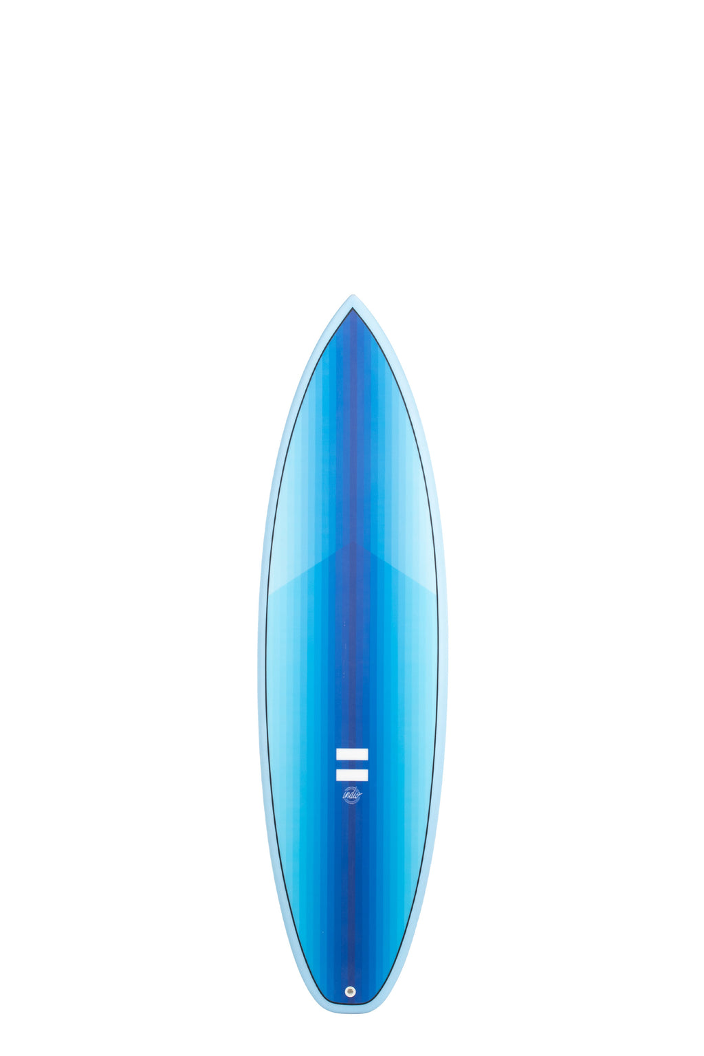 Front view of the Indio Miggy surfboard featuring vertical blue stripes that form a gradient along the deck, displayed on a white background.