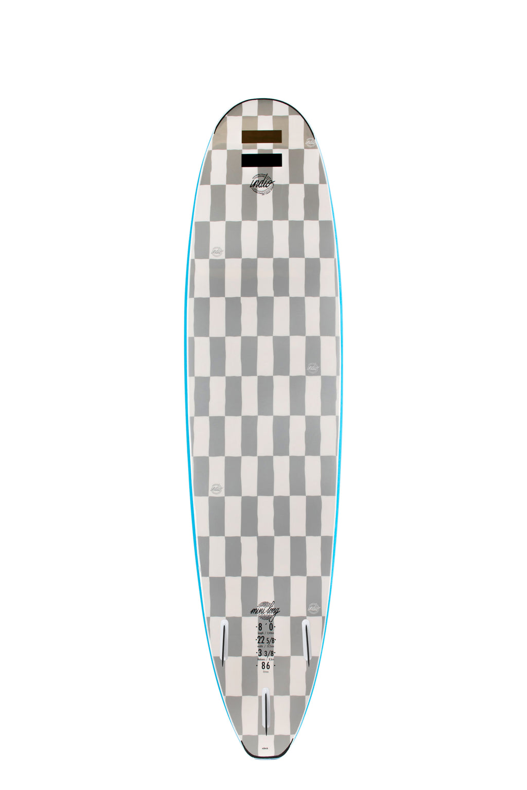 Back view of the Indio Mini Long softboard featuring a checkerboard pattern in light grey and dark grey tones along the deck, displayed on a white background.