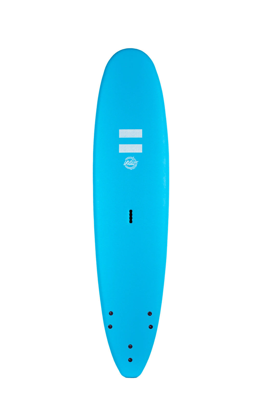 Front view of the Indio Mini Long softboard featuring a smooth, solid Blue color on the deck, displayed on a white background.