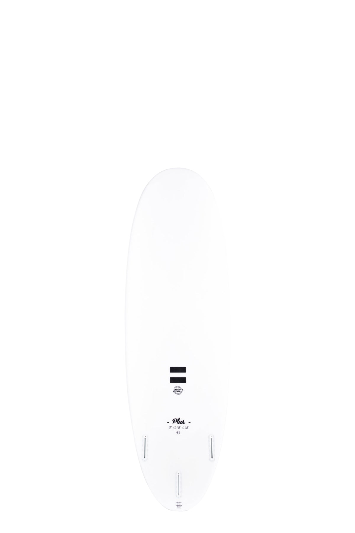 Back view of the Indio Endurance Plus surfboard featuring a smooth, solid white color on the deck, displayed on a white background.