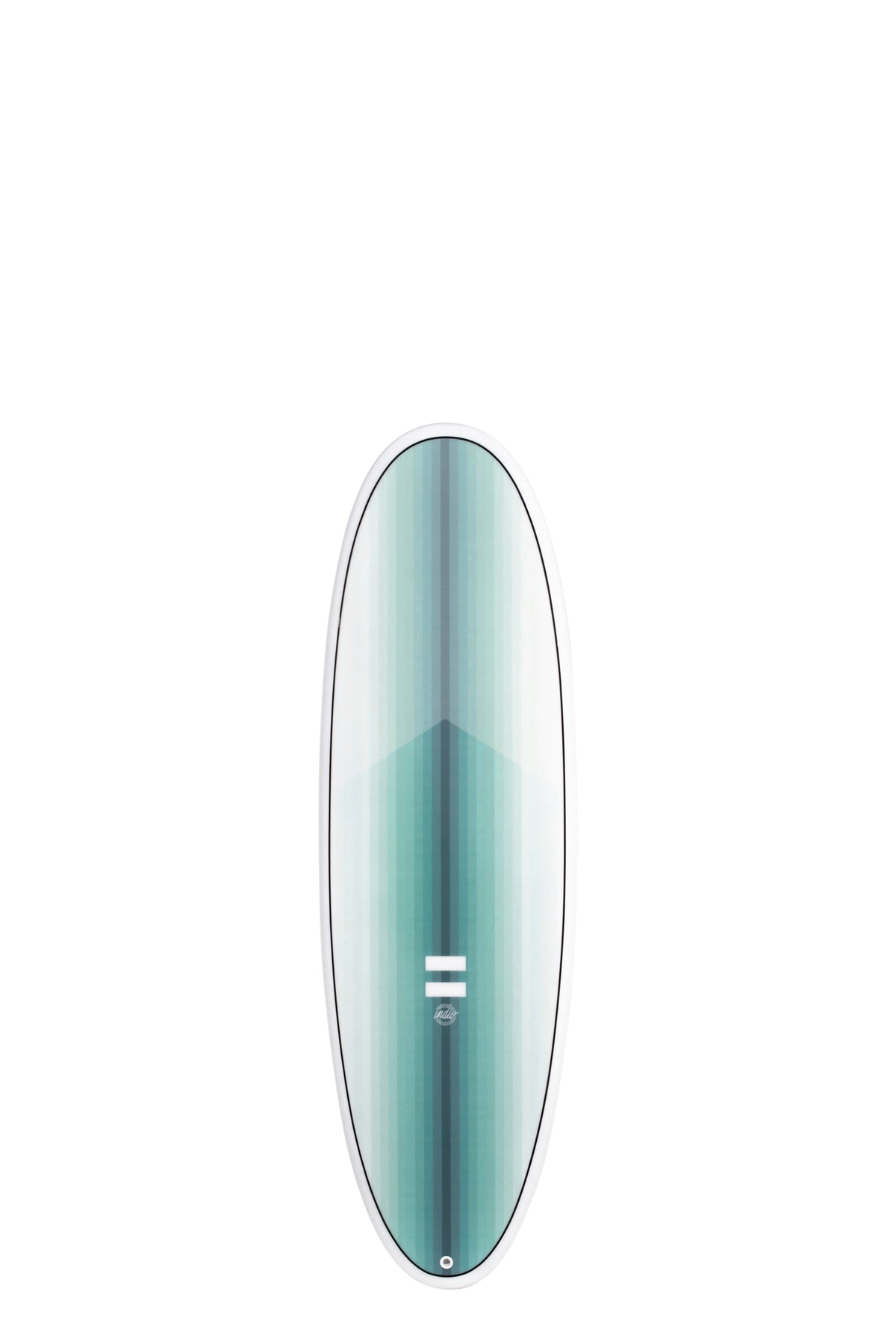 Front view of the Indio Endurance Plus surfboard featuring vertical light blue and turquoise stripes that form a gradient along the deck, displayed on a white background.