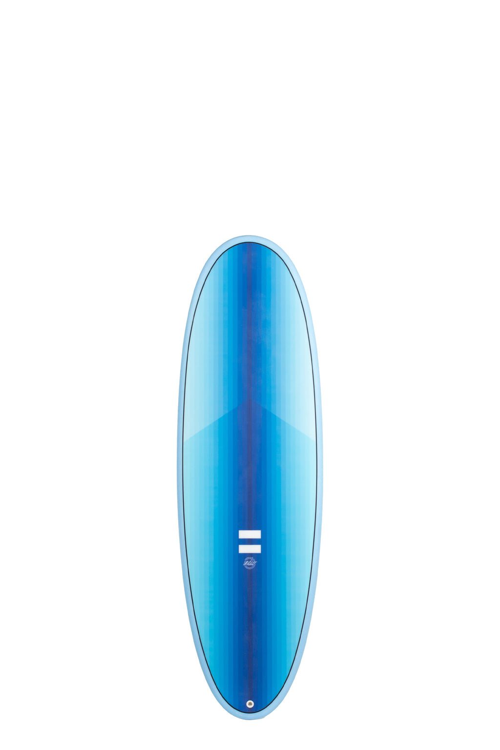 Front view of the Indio Endurance Plus surfboard featuring vertical blue stripes that form a gradient along the deck, displayed on a white background.