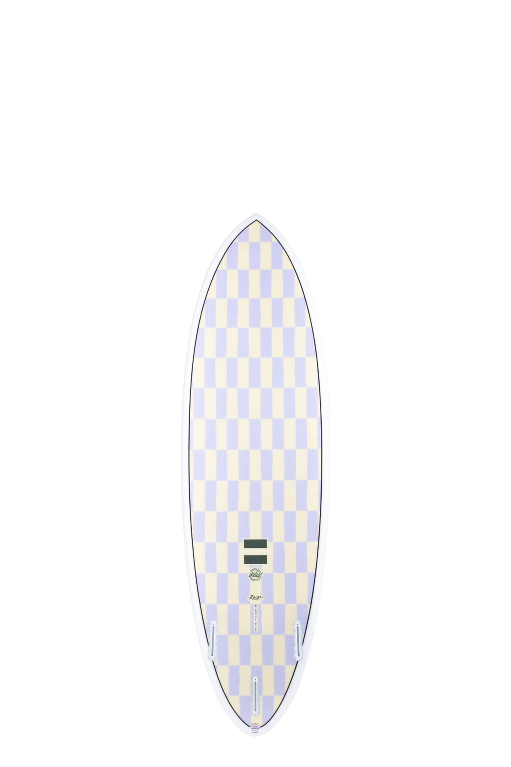 Back view of the Indio Endurance Racer Chess surfboard featuring a checkerboard pattern in light cream and purple tones along the deck, displayed on a white background.