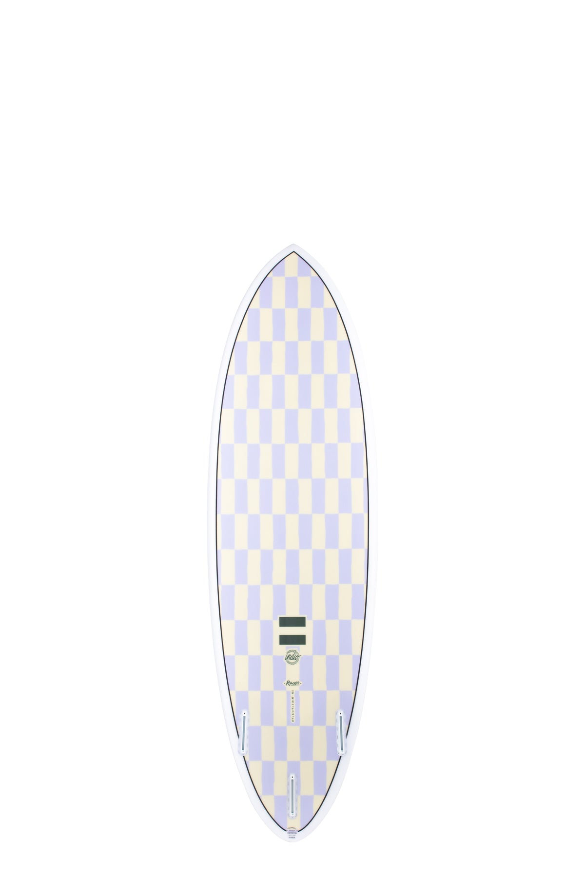 Back view of the Indio Endurance Racer Chess surfboard featuring a checkerboard pattern in light cream and purple tones along the deck, displayed on a white background.