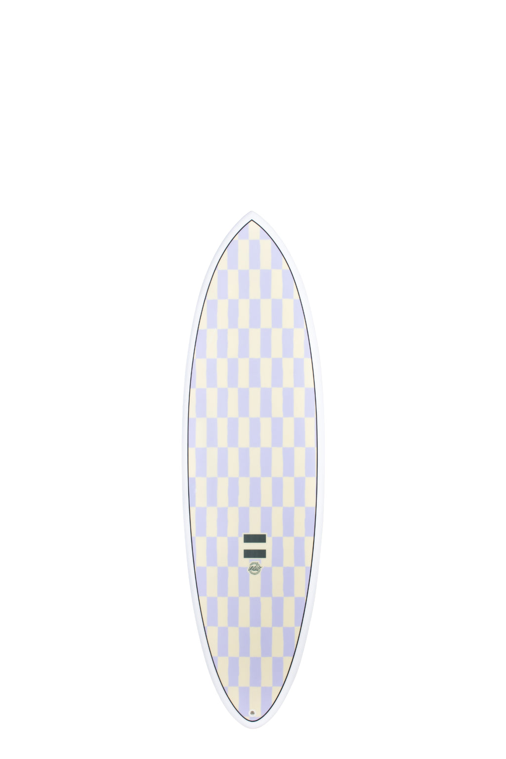 Front view of the Indio Endurance Racer Chess surfboard featuring a checkerboard pattern in light cream and purple tones along the deck, displayed on a white background.