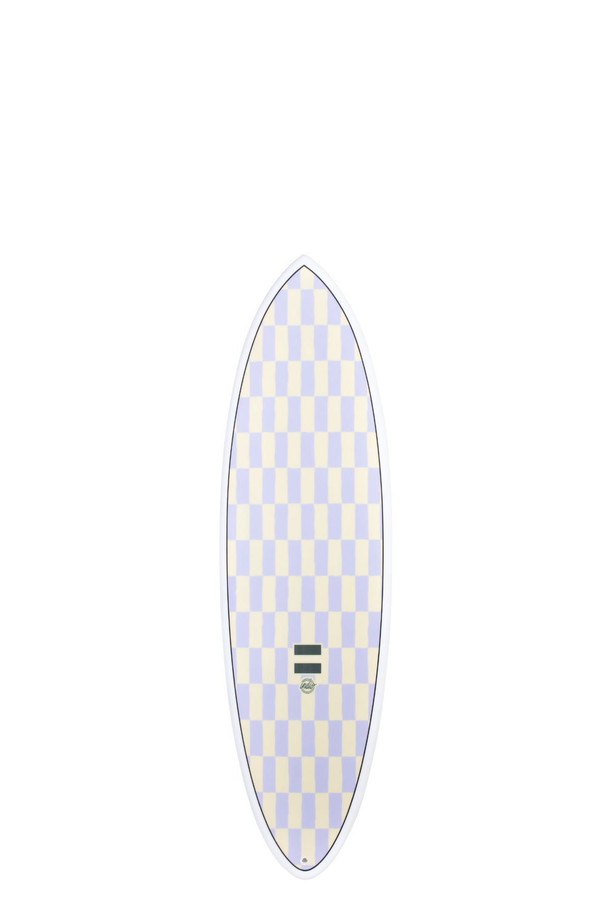 Front view of the Indio Endurance Racer Chess surfboard featuring a checkerboard pattern in light cream and purple tones along the deck, displayed on a white background.