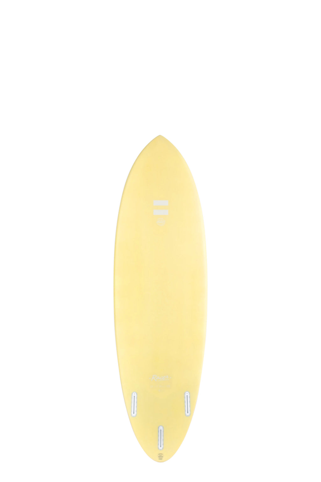 Back view of the Indio Endurance Racer surfboard featuring a smooth, solid cream color on the deck, displayed on a white background.