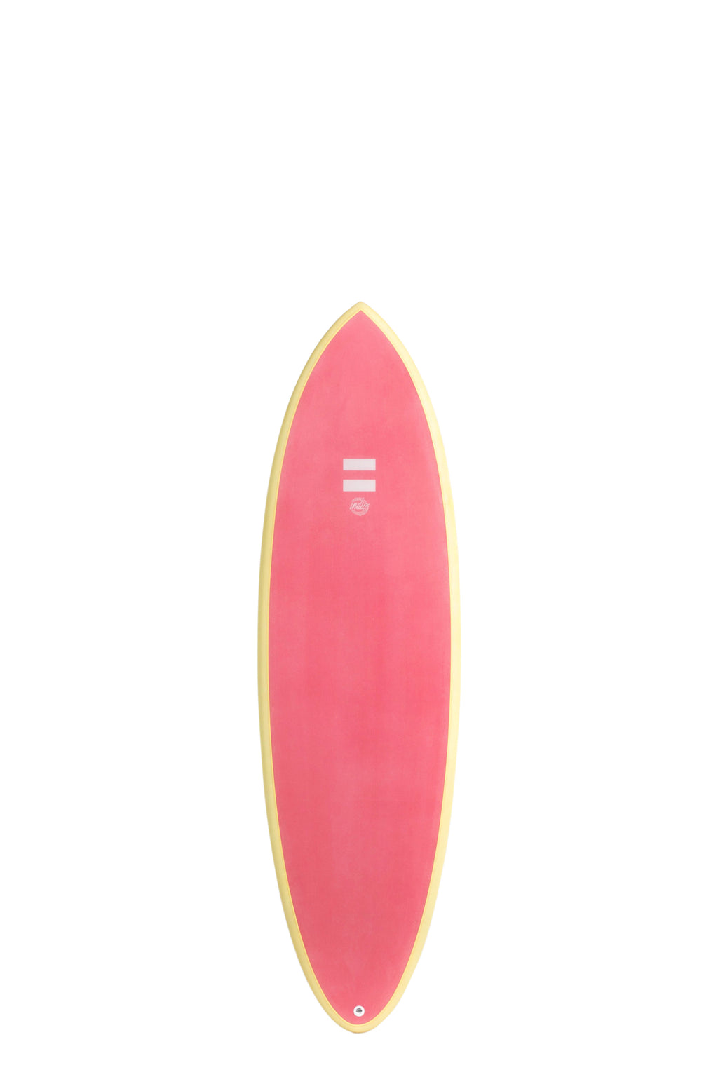 Front view of the Indio Endurance Racer surfboard featuring a solid pink flamingo deck with cream rails, displayed on a white background.