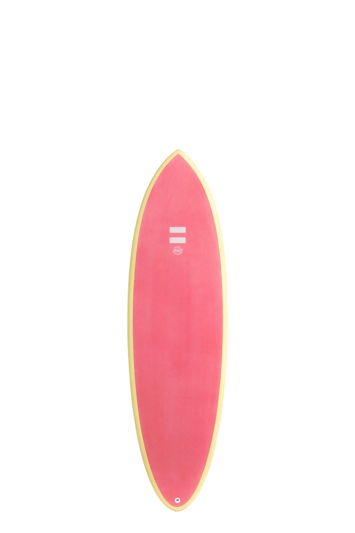 Front view of the Indio Endurance Racer surfboard featuring a solid pink flamingo deck with cream rails, displayed on a white background.