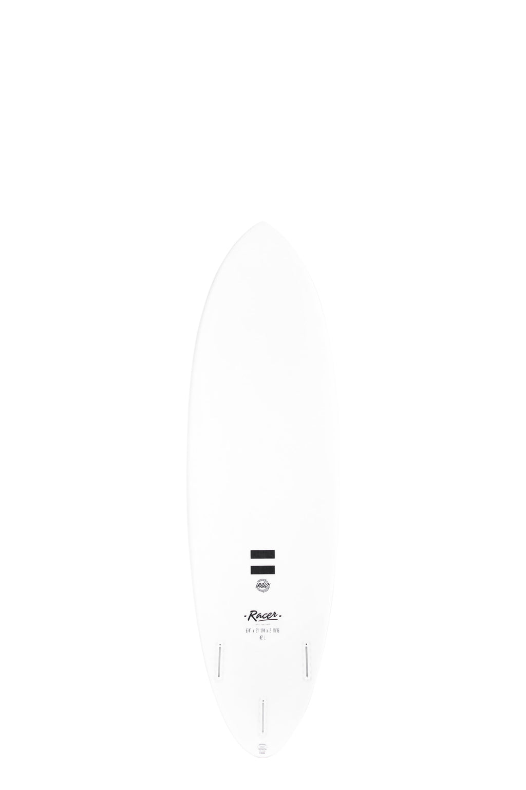 Back view of the Indio Endurance Racer surfboard featuring a smooth, solid white color on the deck, displayed on a white background.
