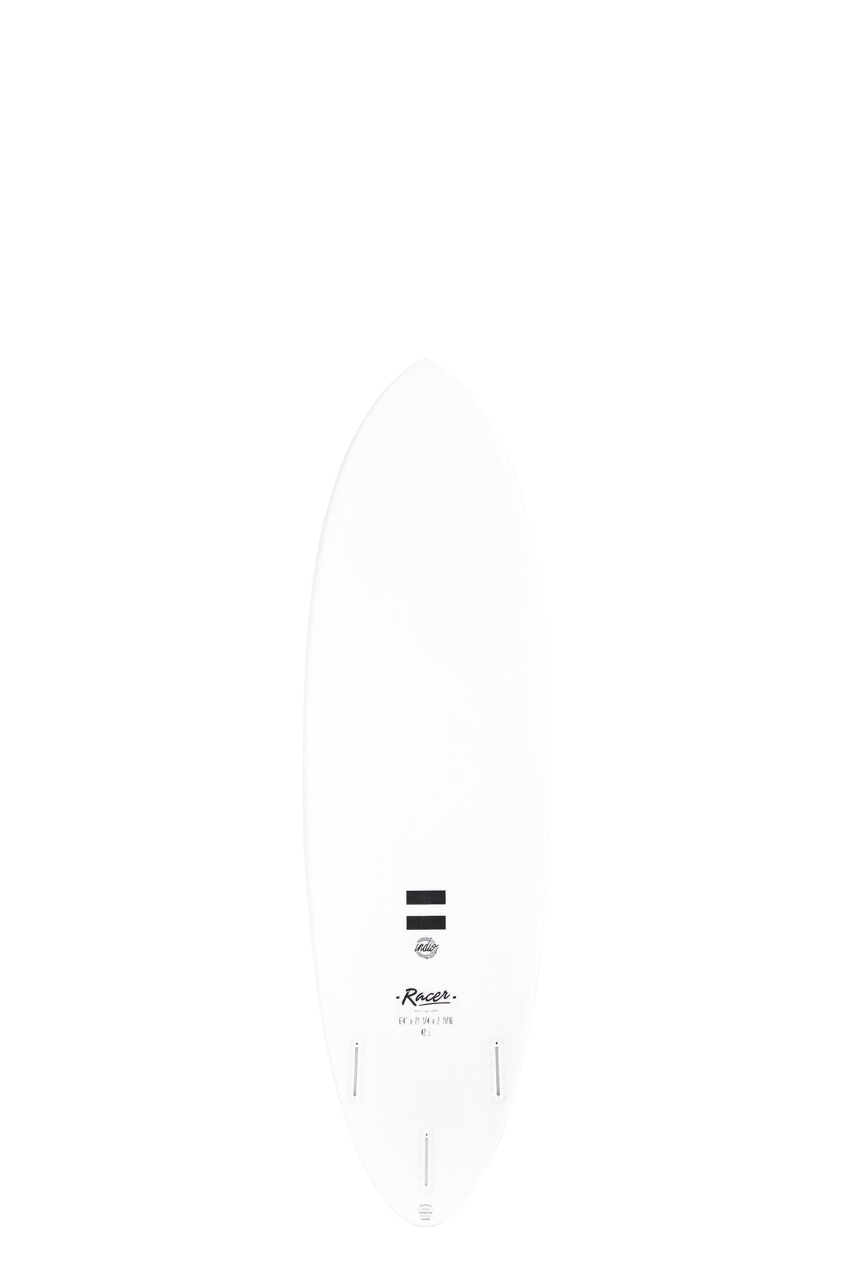 Back view of the Indio Endurance Racer surfboard featuring a smooth, solid white color on the deck, displayed on a white background.