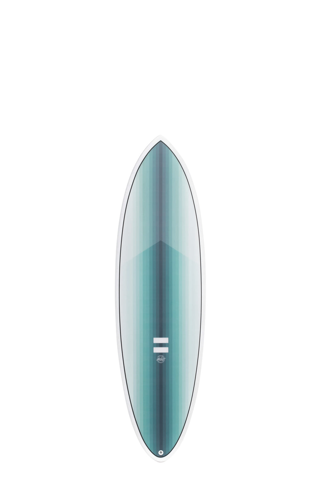 Front view of the Indio Endurance Racer surfboard featuring vertical light blue and turquoise stripes that form a gradient along the deck, displayed on a white background.