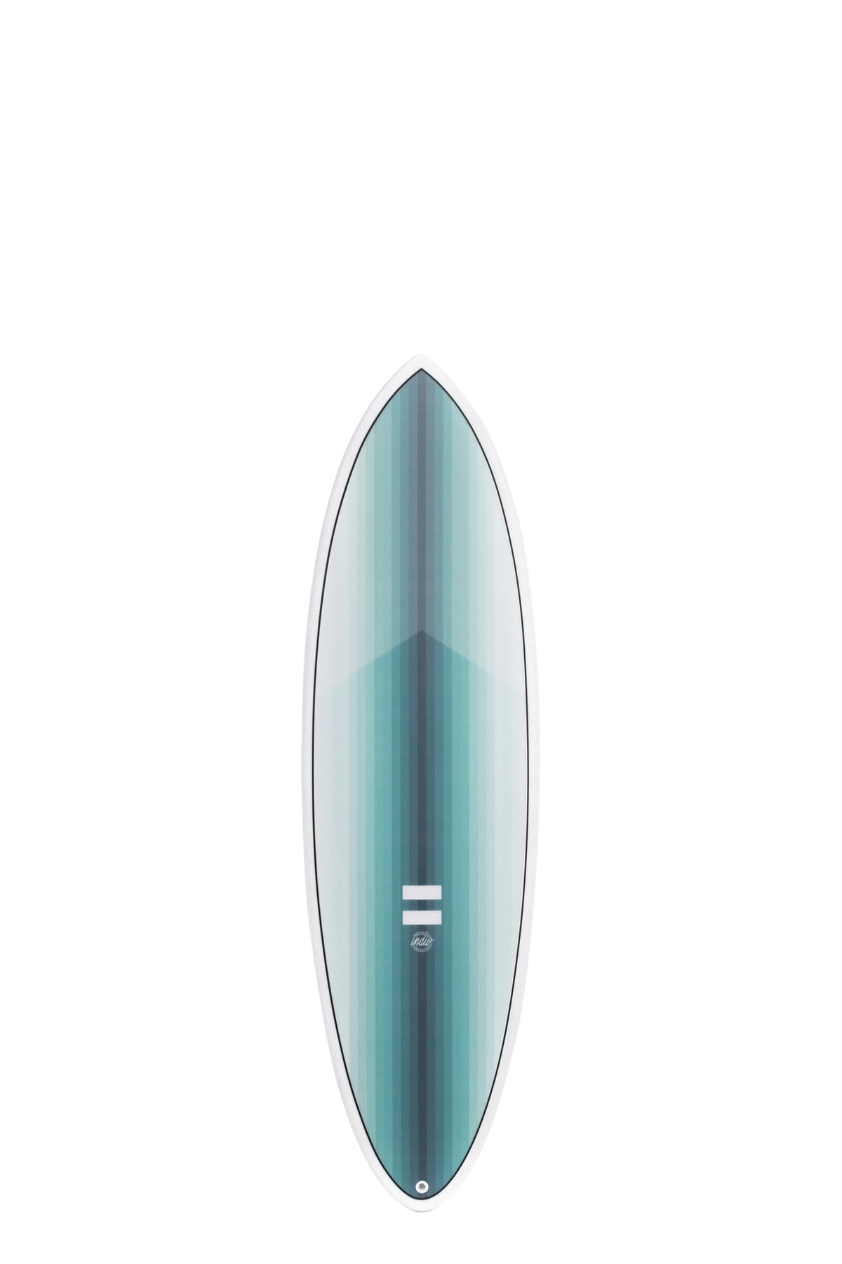 Front view of the Indio Endurance Racer surfboard featuring vertical light blue and turquoise stripes that form a gradient along the deck, displayed on a white background.