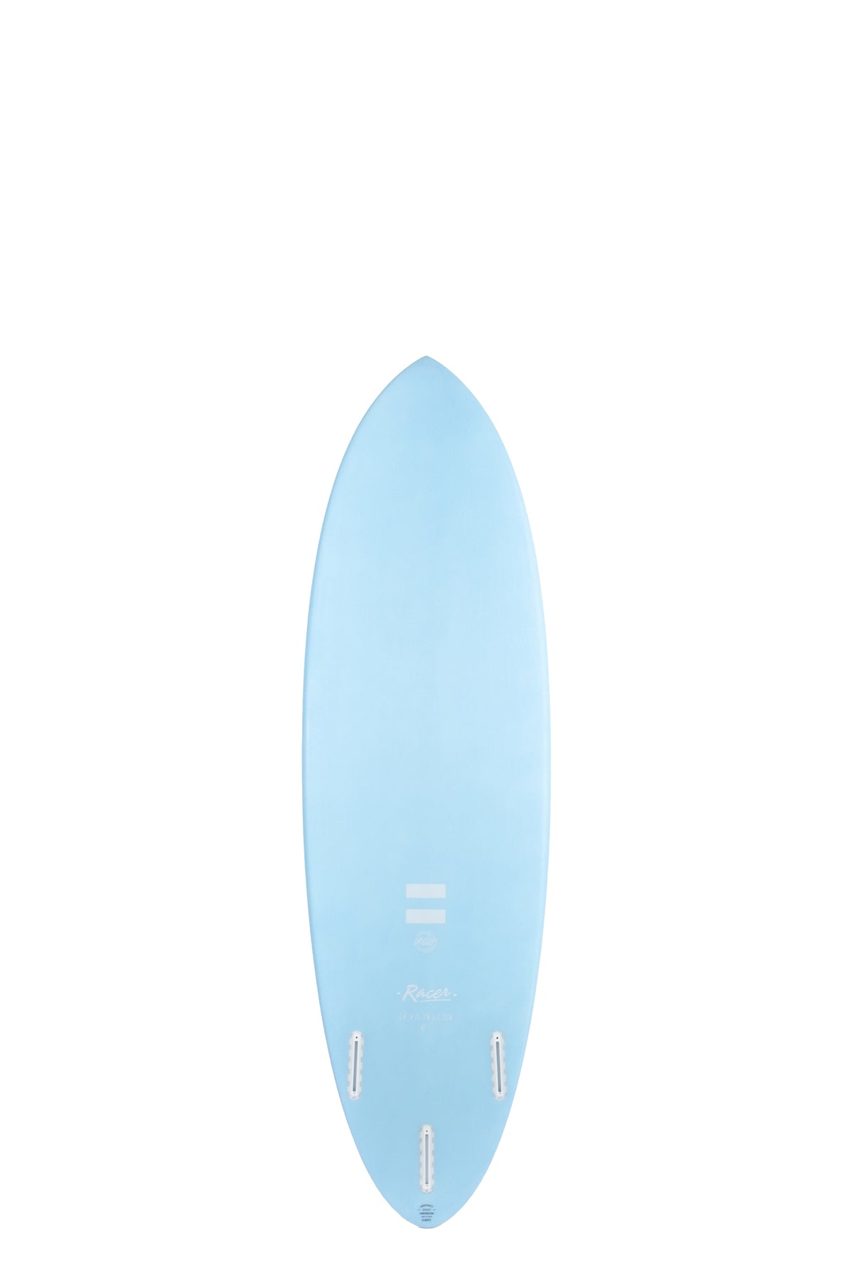 Back view of the Indio Endurance Racer surfboard featuring a smooth, solid blue color on the deck, displayed on a white background.