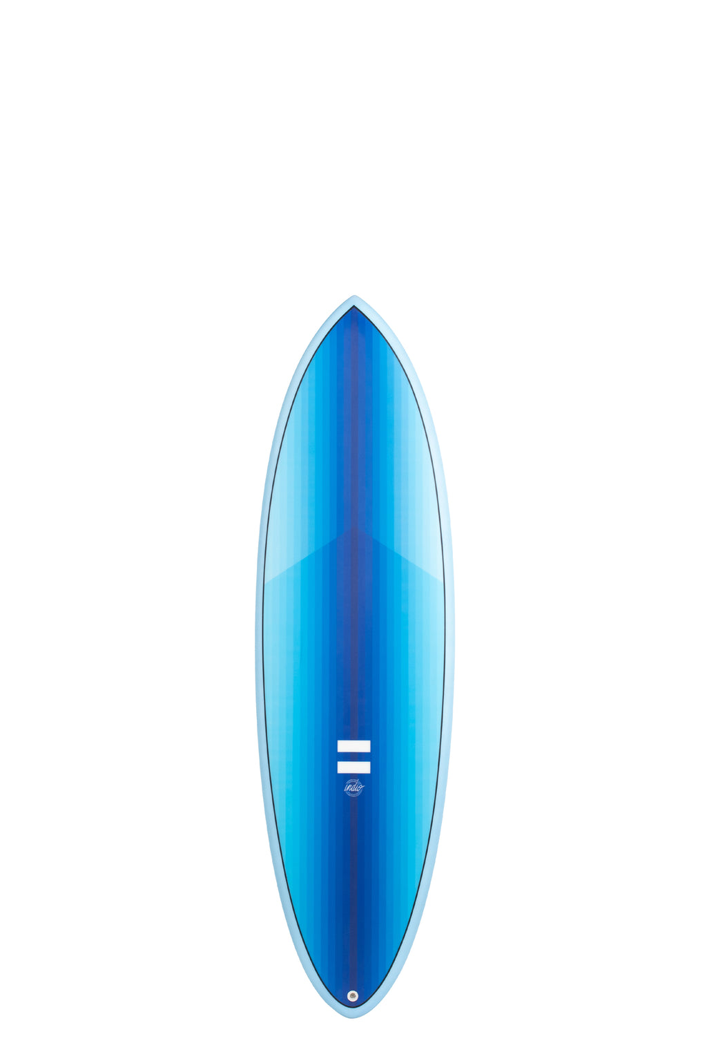 Front view of the Indio Endurance Racer surfboard featuring vertical blue stripes that form a gradient along the deck, displayed on a white background.