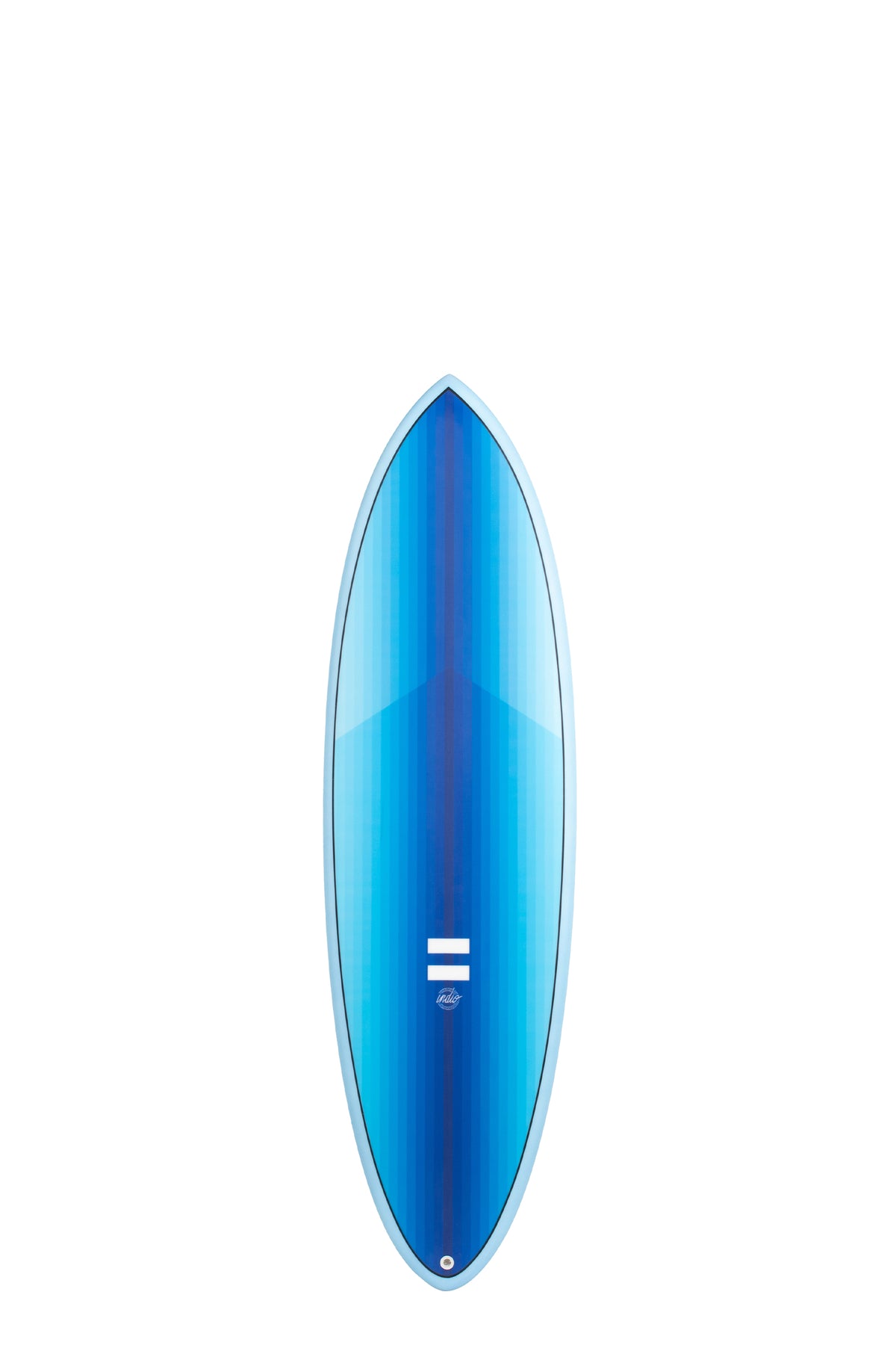 Front view of the Indio Endurance Racer surfboard featuring vertical blue stripes that form a gradient along the deck, displayed on a white background.